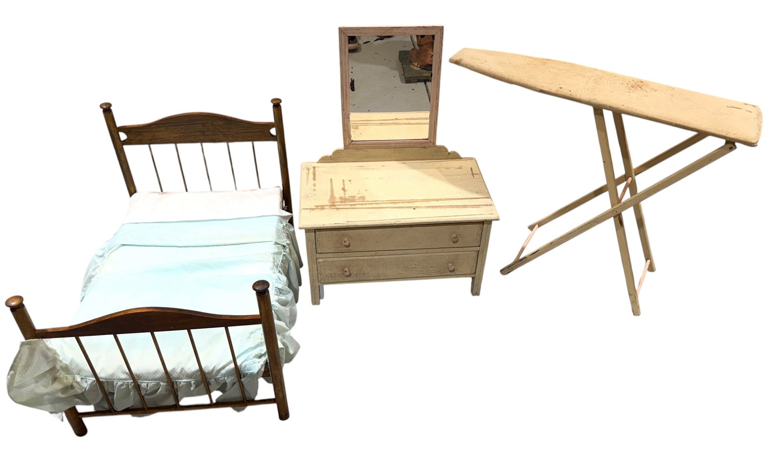 ANTIQUE CHILD'S PLAY FURNITURE: INCLUDES MIRRIRED DRESSER, IRONING BOARD AND CRIB. DRESSER 20"W, 13"H, 12"D. MIRROR HEIGHT IS 26".