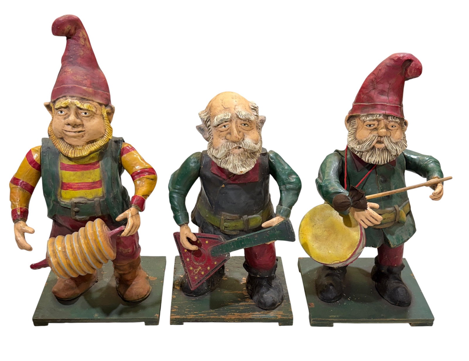 TRIO OF LARGE GNOME SCULPTURES: RESIN OVER FOAM MOUNTED ON BOARD. TALLEST 39"H