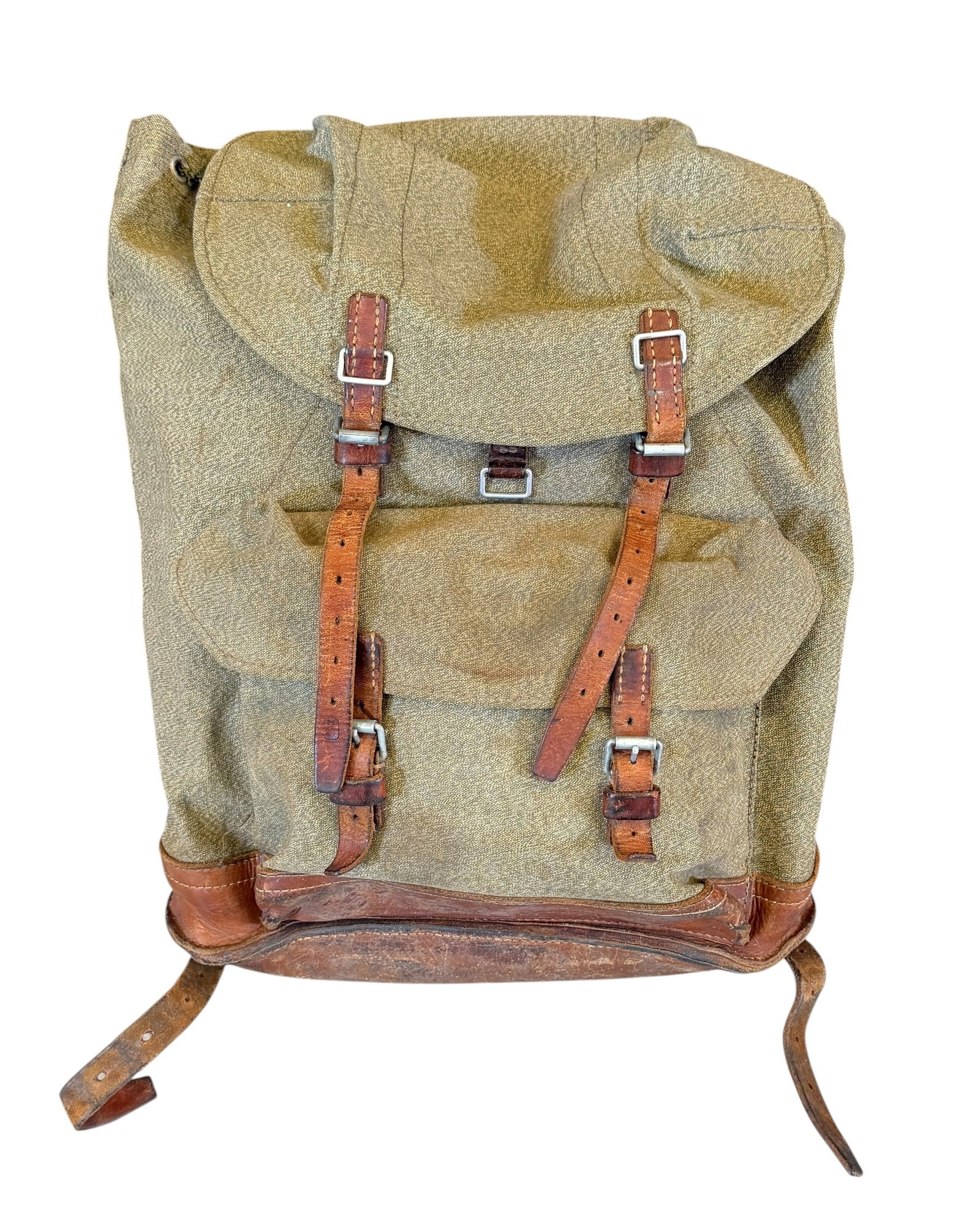SWISS ARMY BACK PACK: SALT AND PEPPER CANVAS WITH LEATHER STRAPS AND BASE. 24"H