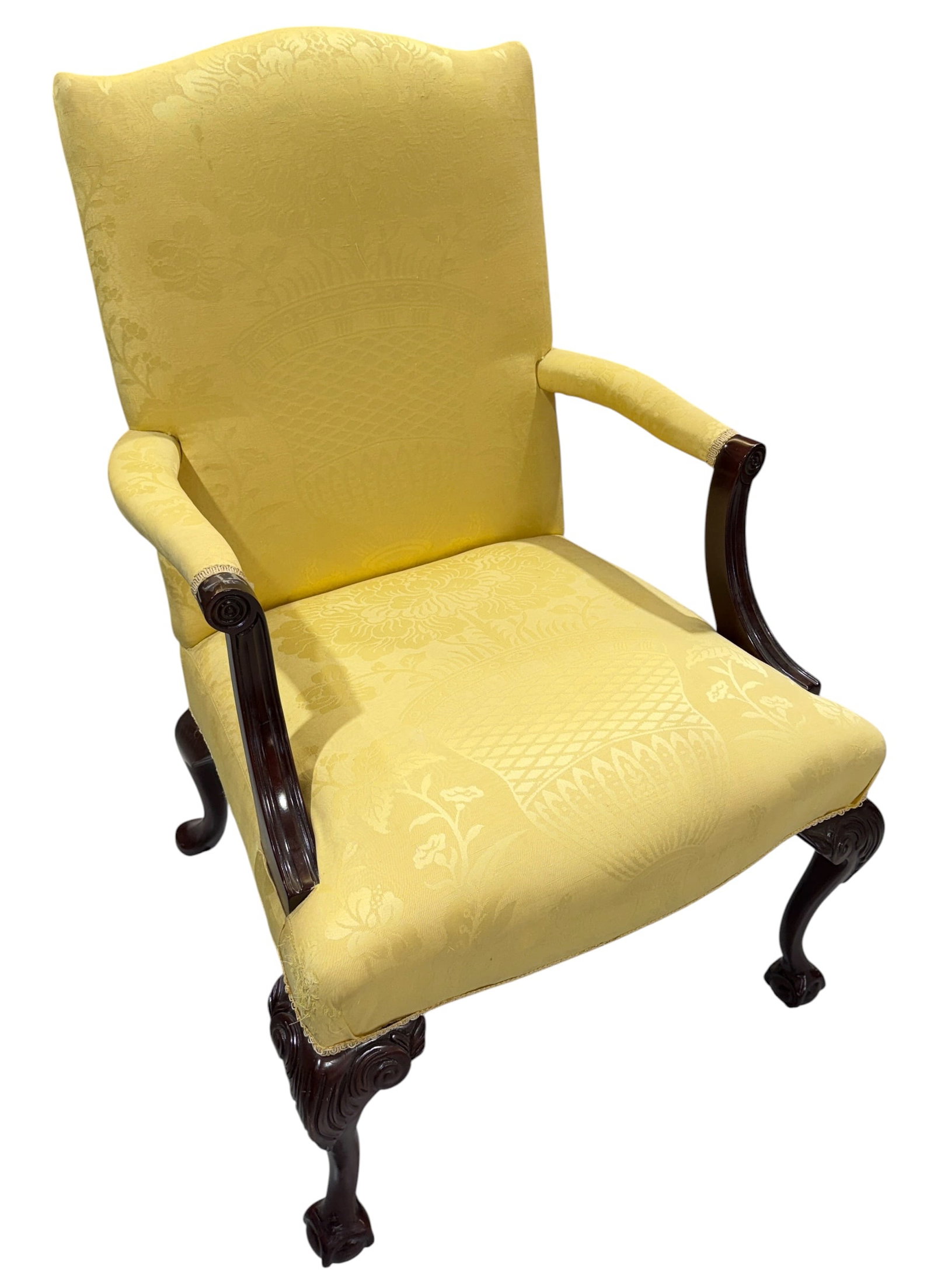 CHIPPENDALE ARM CHAIR: YELLOW URN PATTERN UPHOLSTERY. MINOR FABRIC WEAR. 28"W, 23"D, 18"SEAT, 40"BACK.