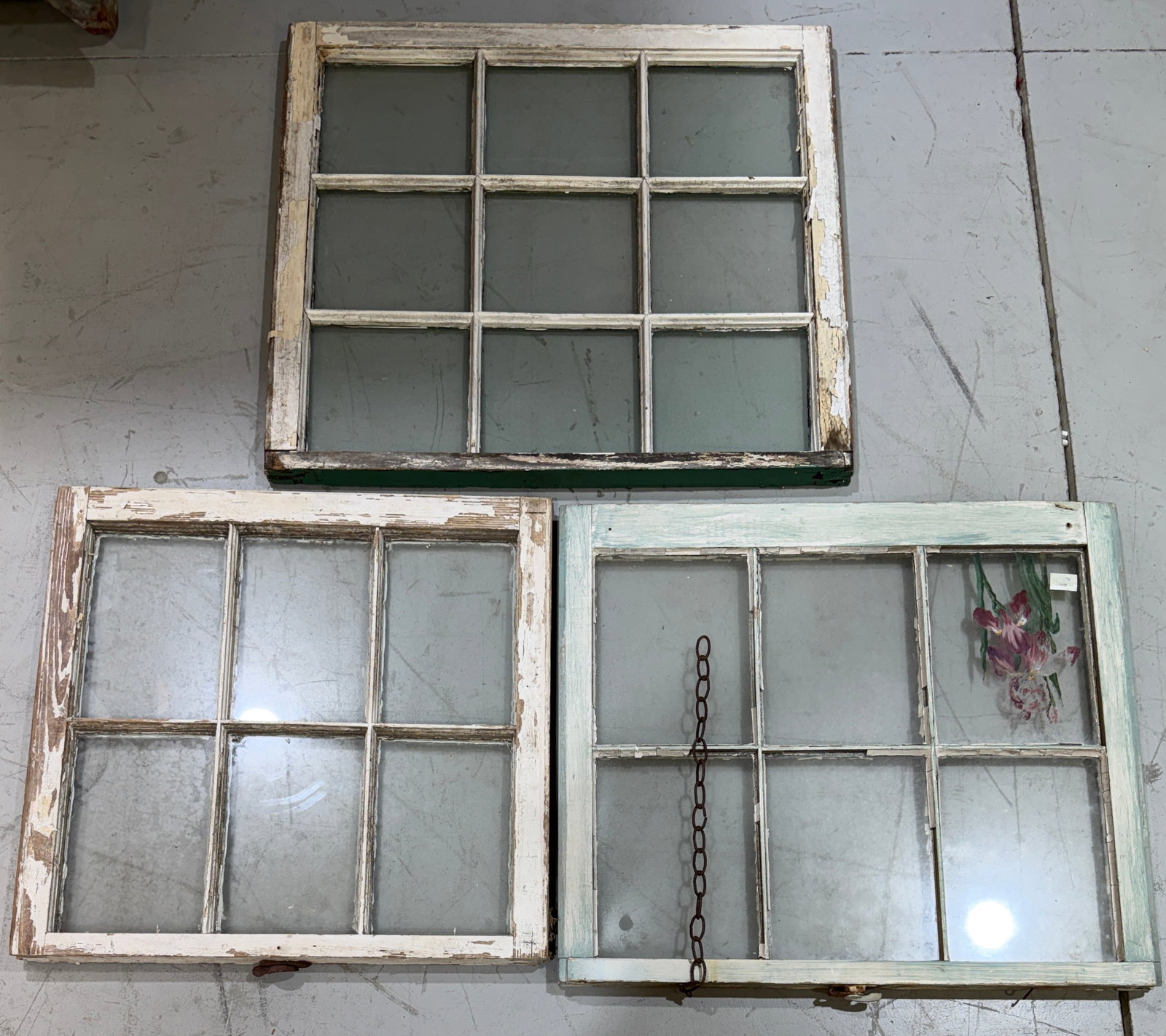 LOT OF OLD WINDOWS: WOODEN FRAMED, LARGEST 34"X32"