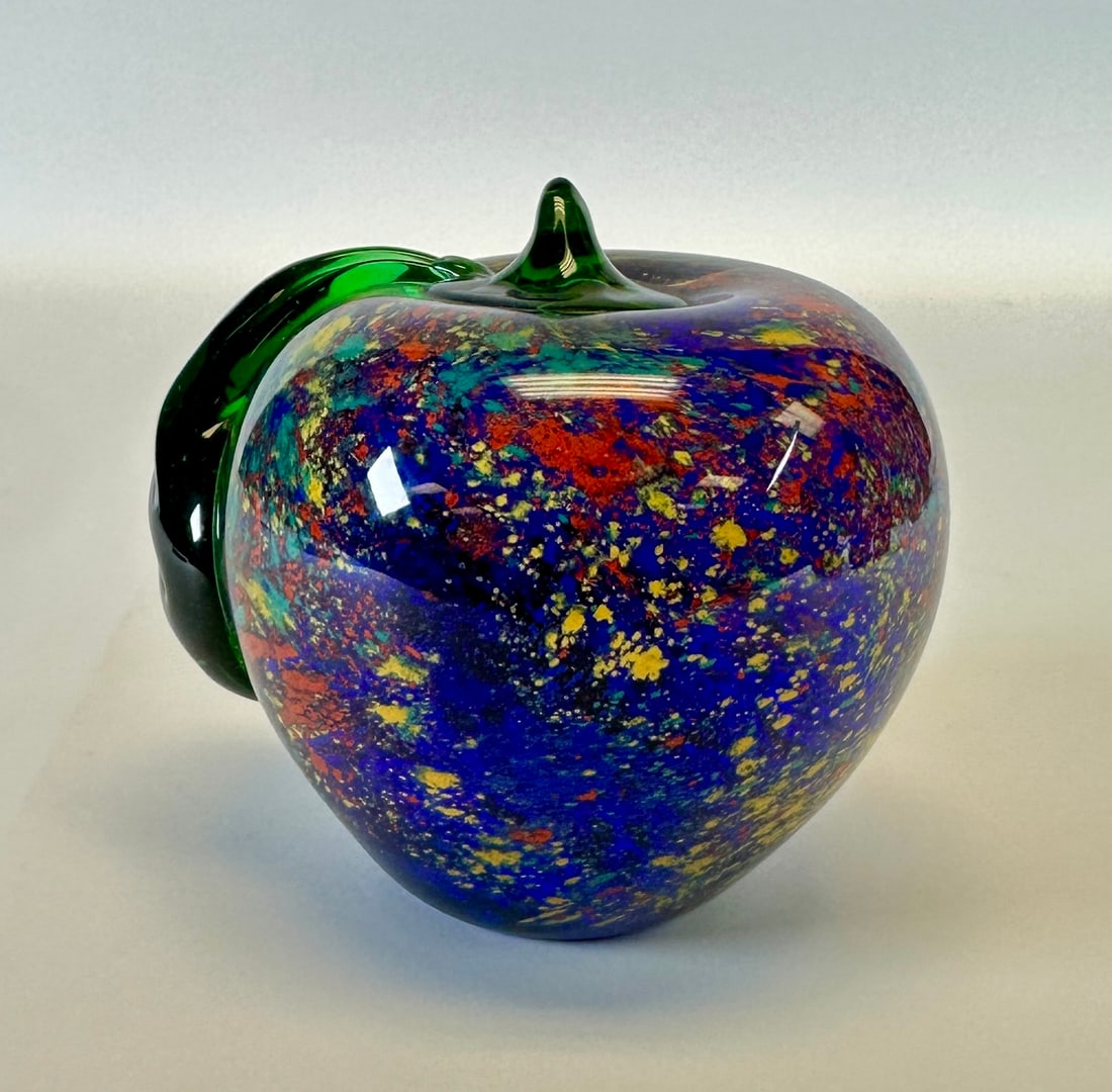 MURANO ART GLASS PAPERWEIGHT: APPLE FORM, BLUE WITH COLORFUL FLECKS. LABELED. 3.5"H.