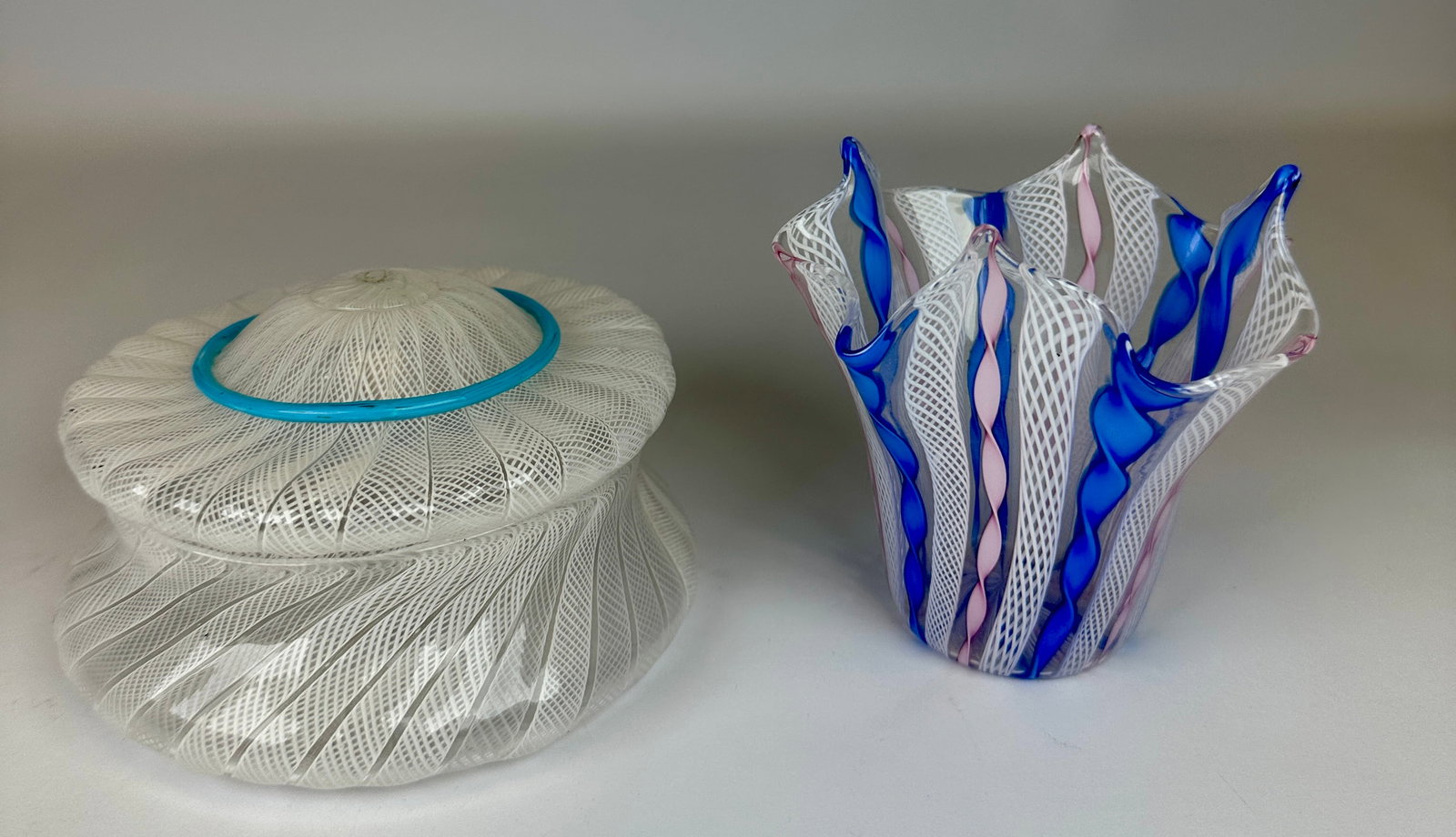 MURANO ART GLASS VANITY SET AND VASE: LATTACINO DESIGNS, UNSIGNED. VASE IS 4"