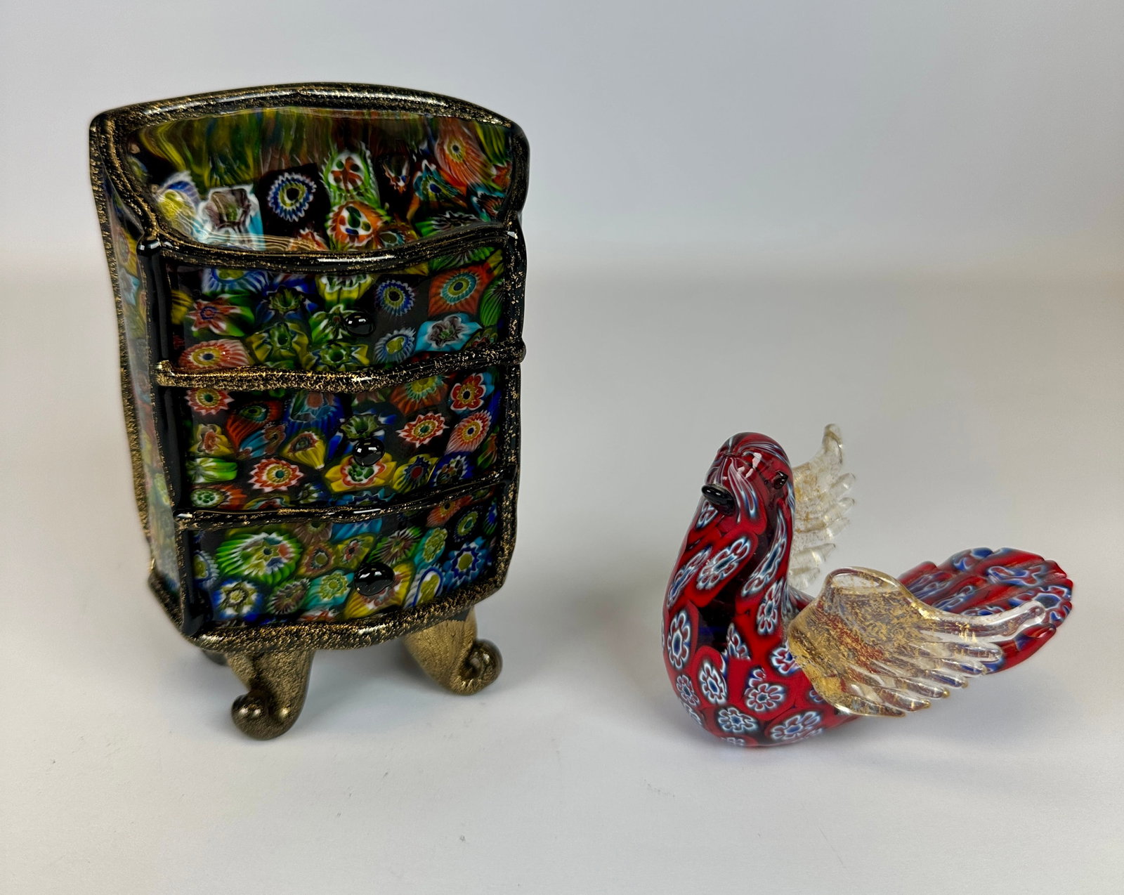 MURANO ART GLASS PAIR: DIMINUTIVE CHEST OF DRAWERS AND BIRD WITH MILLEFIORI DESIGNS, MURANO LABEL. 4.5"H