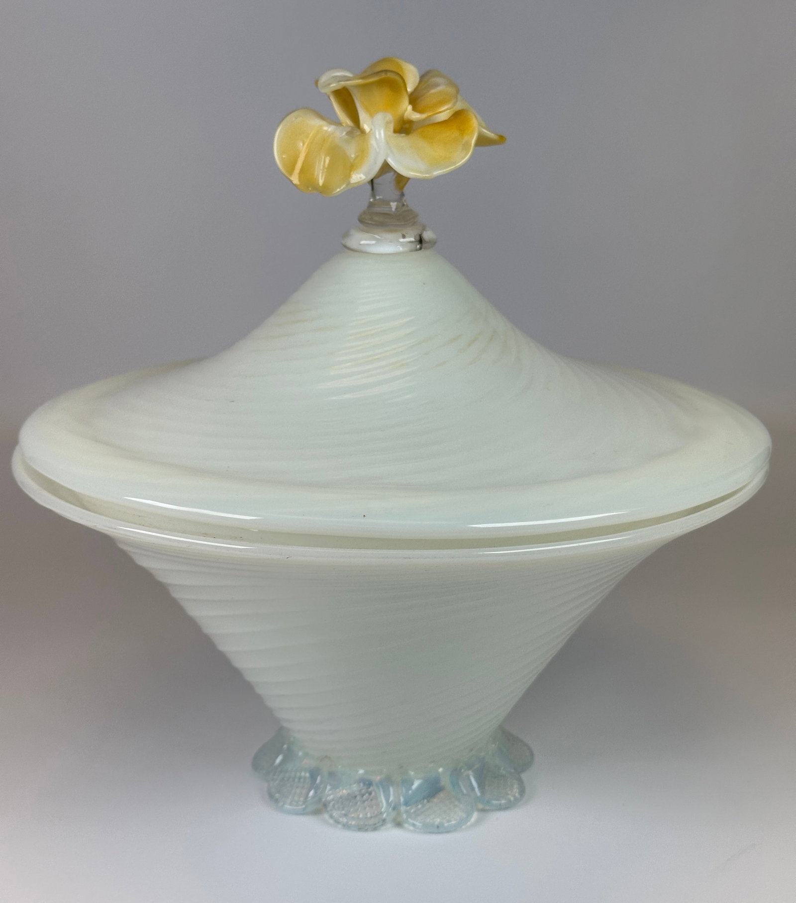 MURANO ART GLASS LIDDED BOWL: WITH FLORAL TOP. 10"H. REQUIRES THIRD PARTY SHIPPING.