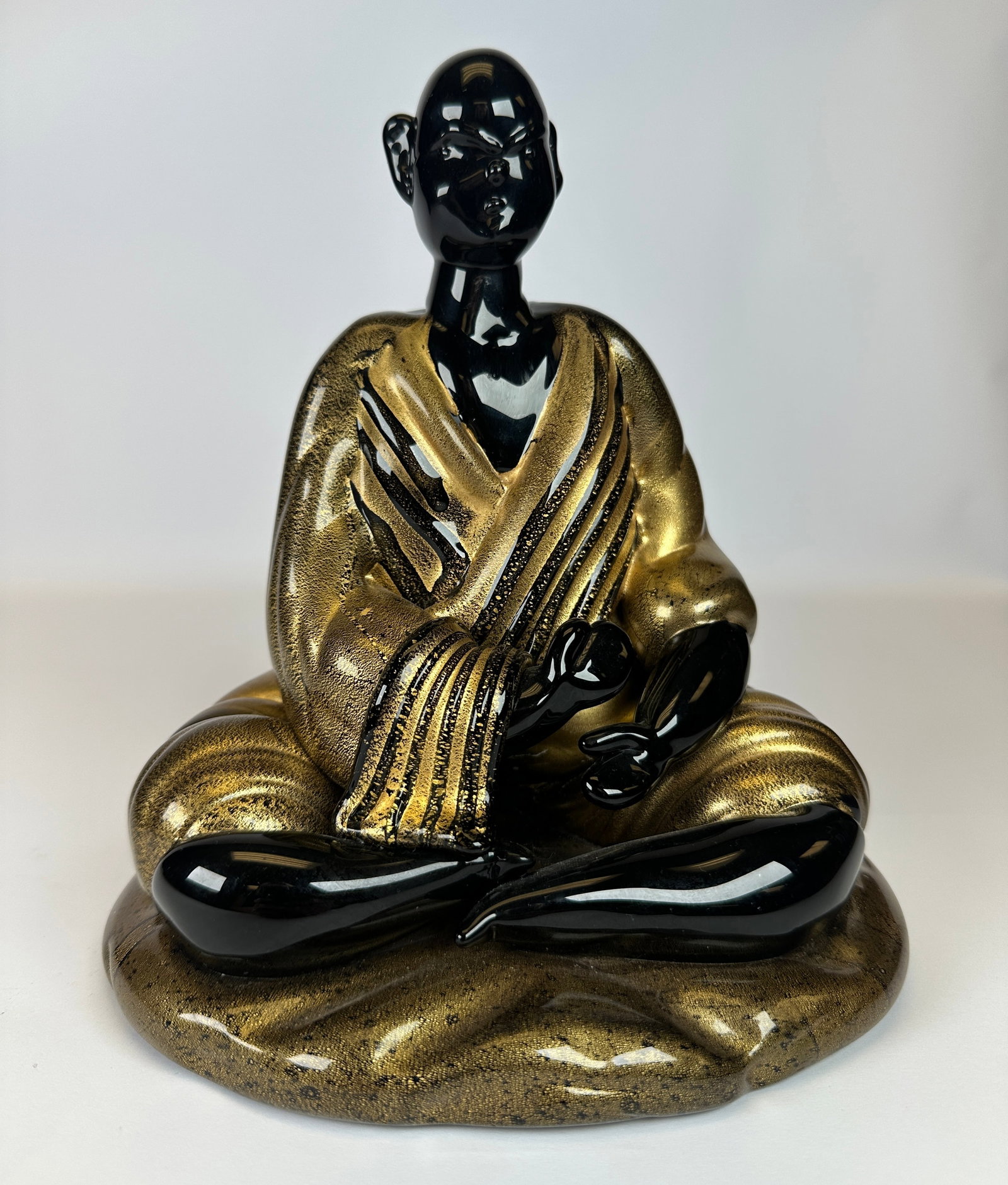 CENEDESE MURANO ART GLASS FIGURAL SCULPTURE: MAN IN BLACK WITH GOLD AVENTURINE, SIGNED, 1973. 9"H. REQUIRES THIRD PARTY SHIPPING.