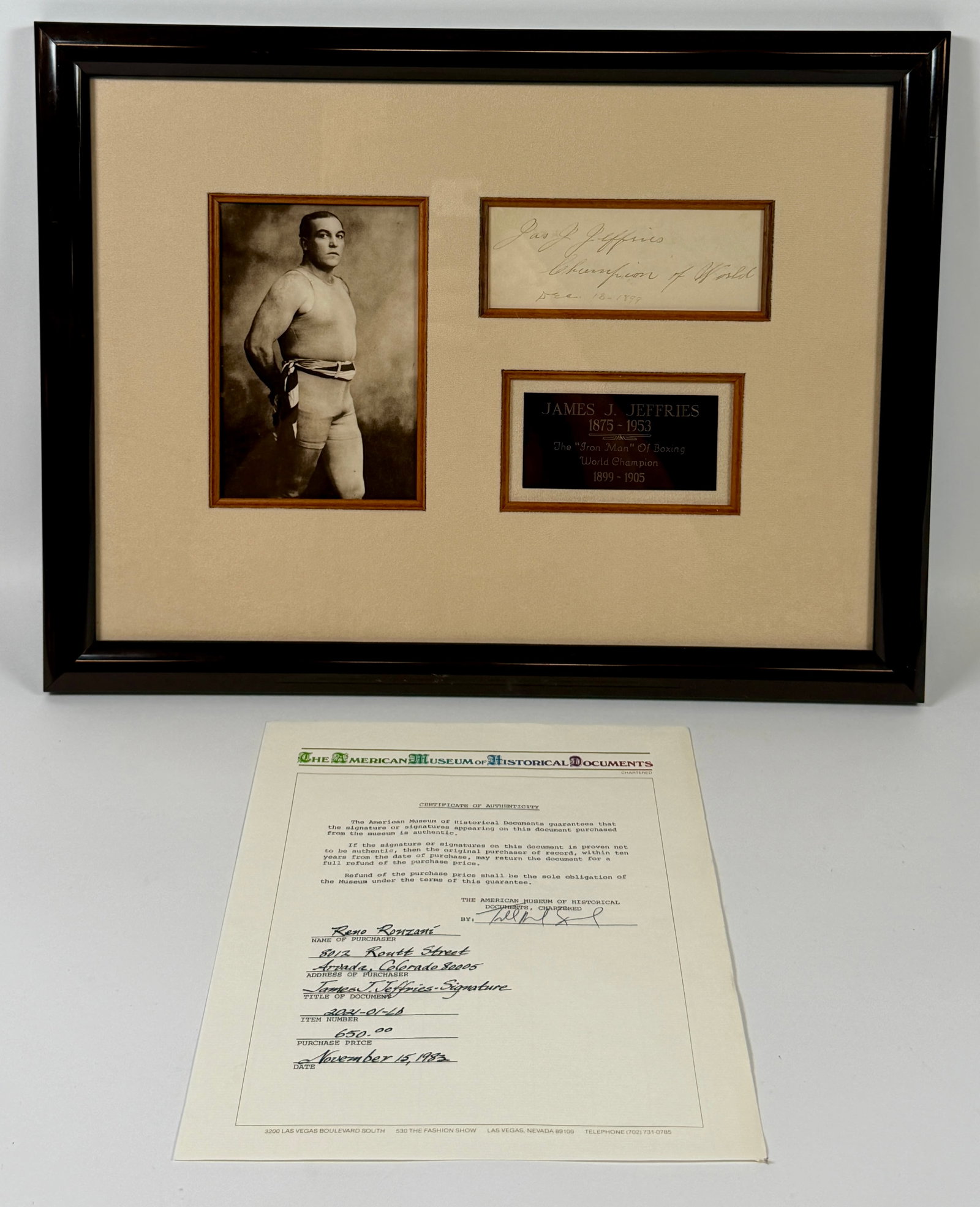 BOXING - JAMES JEFFRIES AUTOGRAPH DISPLAY: FRAMED PRESENATION OF BOXING GREAT JAMES "THE IRON MAN" JEFFRIES (1875-1953). FACSIMILE PHOTOGRAPH, ENGRAVED PLAQUE AND CUT SIGNATURE BEARING AUTOGRAPH AND NOTATION, CHAMPION OF THE WORLD, DECEMBER 13