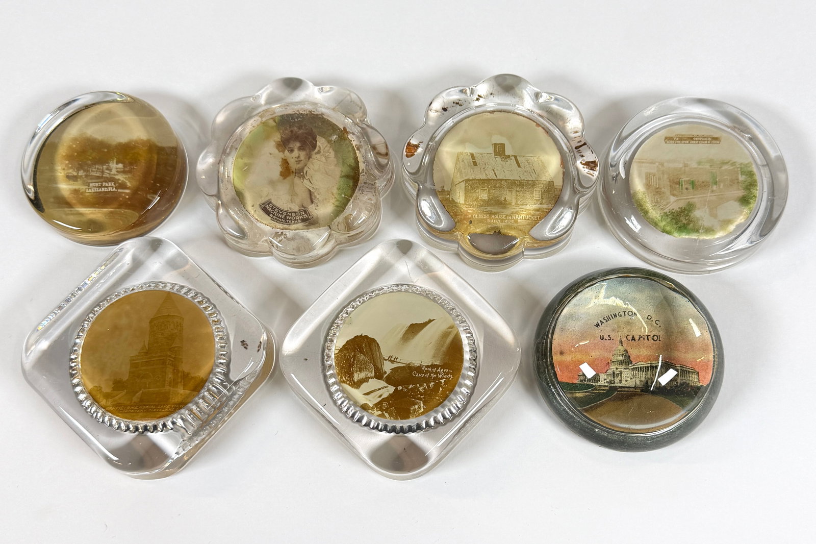 VINTAGE TRAVEL SOUVENIR PAPER WEIGHTS: WASHINGTON DC, ROCK OF AGES - CAVE OF THE WINDS, OLDEST HOUSE IN NANTUCKET AND OTHERS.