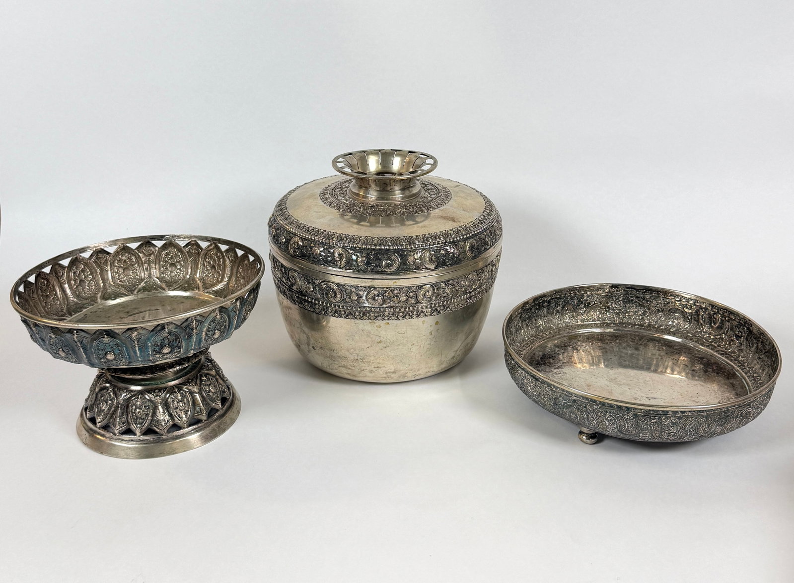 PERUVIAN SILVER SERVING ITEMS: LIDDED VESSEL, COMPOTE AND DISH.