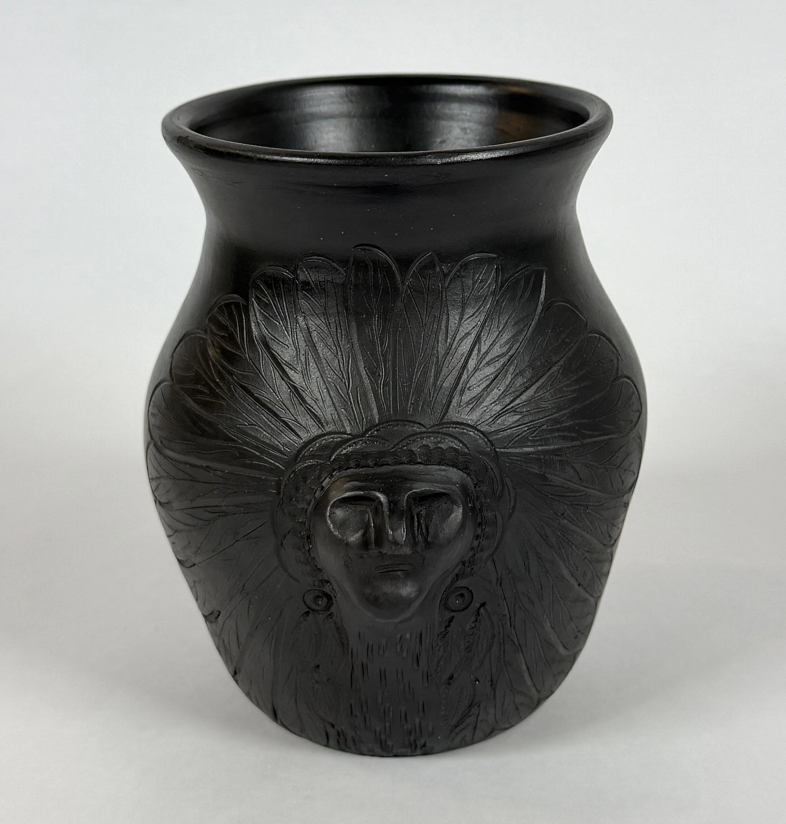 LOUISE BIGMEAT MANEY BLACKWARE POTTERY: HAVING OPPOSING PORTRAITS OF AN INDIAN, SIGNED. CHEROKEE, N.C. 6"