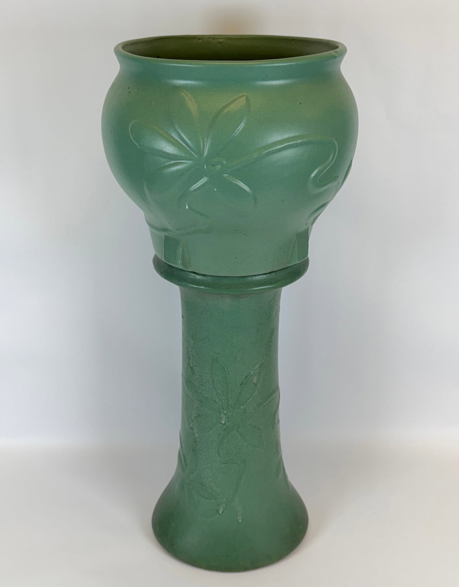 MATTE GREEN ART POTTERY JARDINIERE ON PEDESTAL (1 of 2)