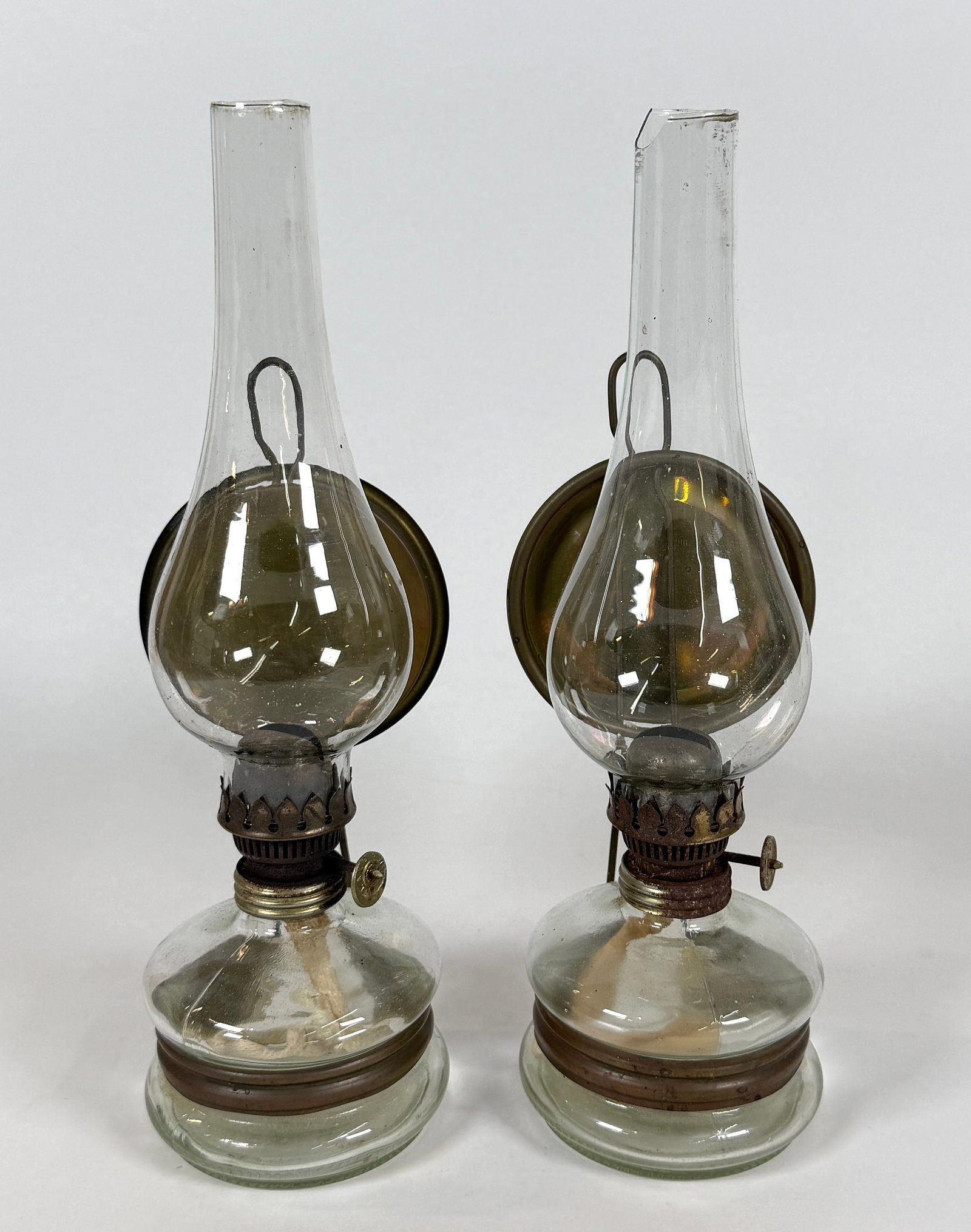 TOPKARI - ISTANBUL WALL-MOUNT REFLECTOR LANTERNS: COMPLETE WITH MOUNT, REFLECTOR AND SHADE. MARKED. LOSS AT THE TOP OF ONE CHIPMNEY. 12"
