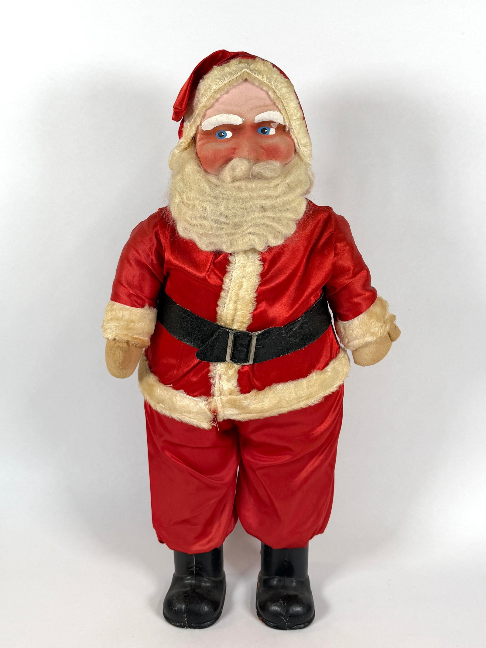 VINTAGE SANTA CLAUS STANDING FIGURE: PLUSH BODY, SATIN CLOTHING, CLOTH FACE. 26"H