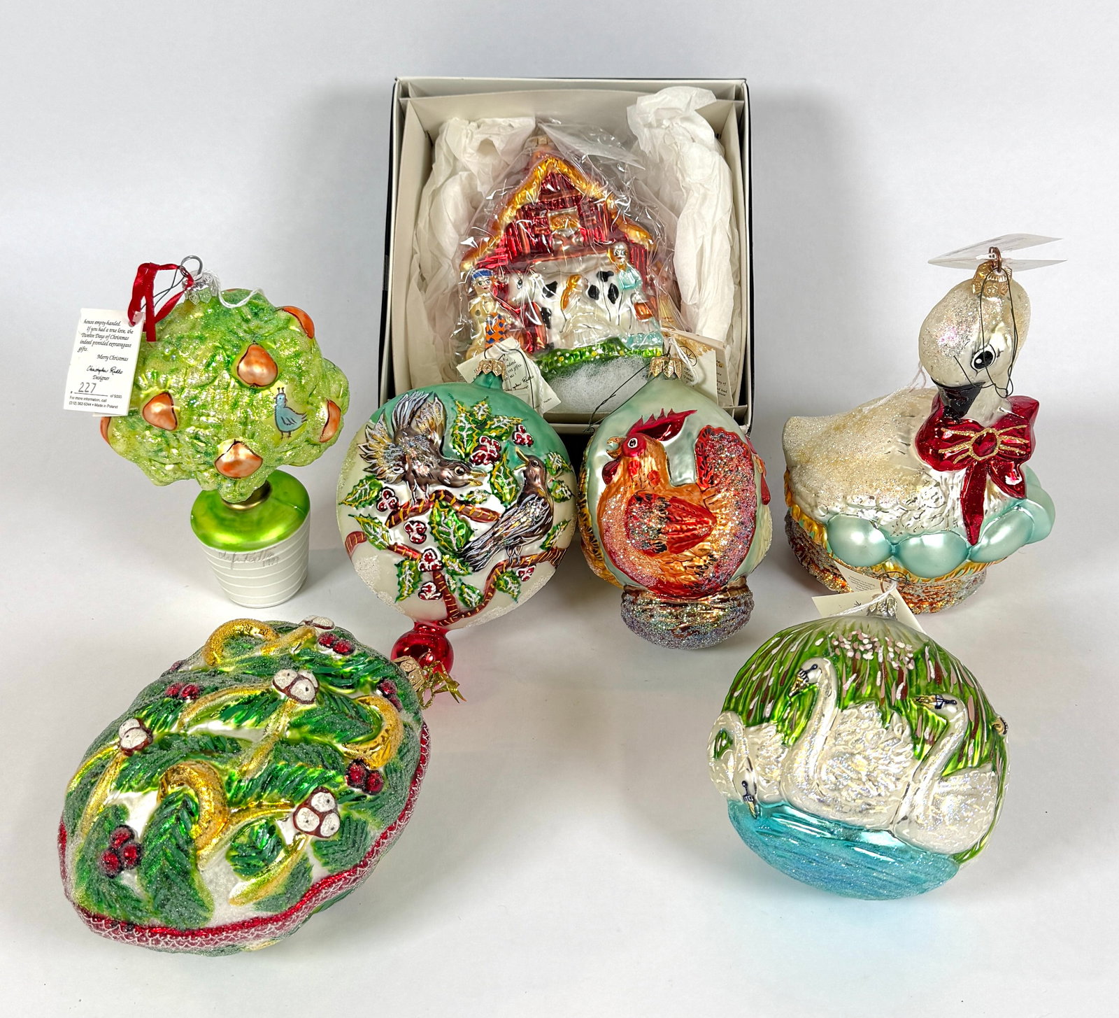 CHRISTOPHER RADKO DESIGNS ORNAMENTS: SEVERAL WITH ORIGINAL TAGS.