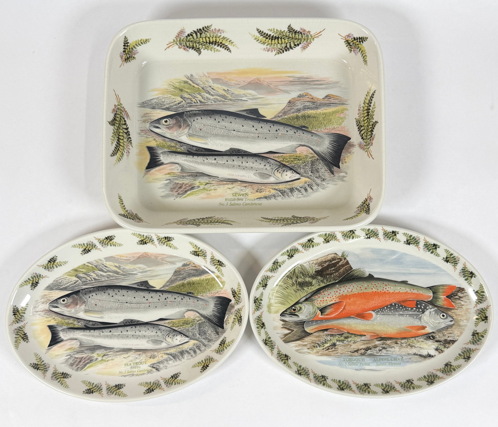 PORTMEIRION POTTERY FISH SERVICE: 9"X12" PAN AND A PAIR OF OVAL PLATTERS.