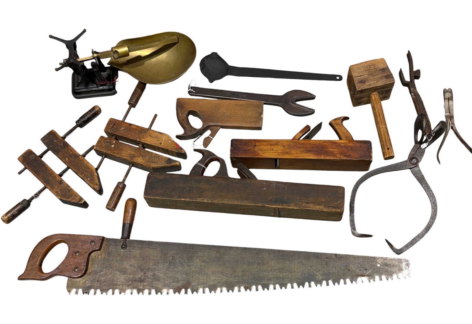 COLLECTION OF ANTIQUE PRIMITIVE TOOLS: SCALE, CLAMPS, ICE TONGS, WRENCH, HAND-SAW, PLANERS AND MALLET. LOCAL PICK UP ONLY.