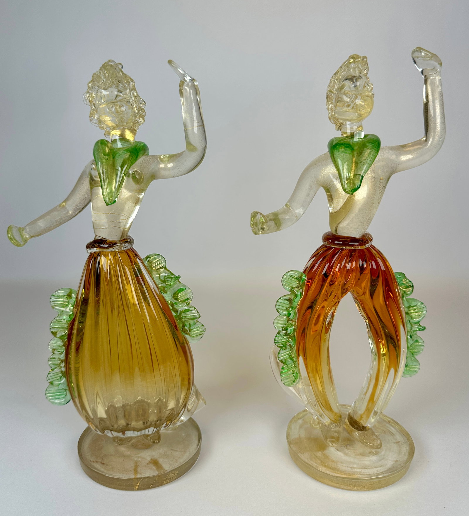 FRATELLI TOSO (ATTR.) MURANO ART GLASS FIGURES: LABELED. AMBER, GREEN AND GOLD. 12"H. REQUIRES THIRD PARTY SHIPPING.
