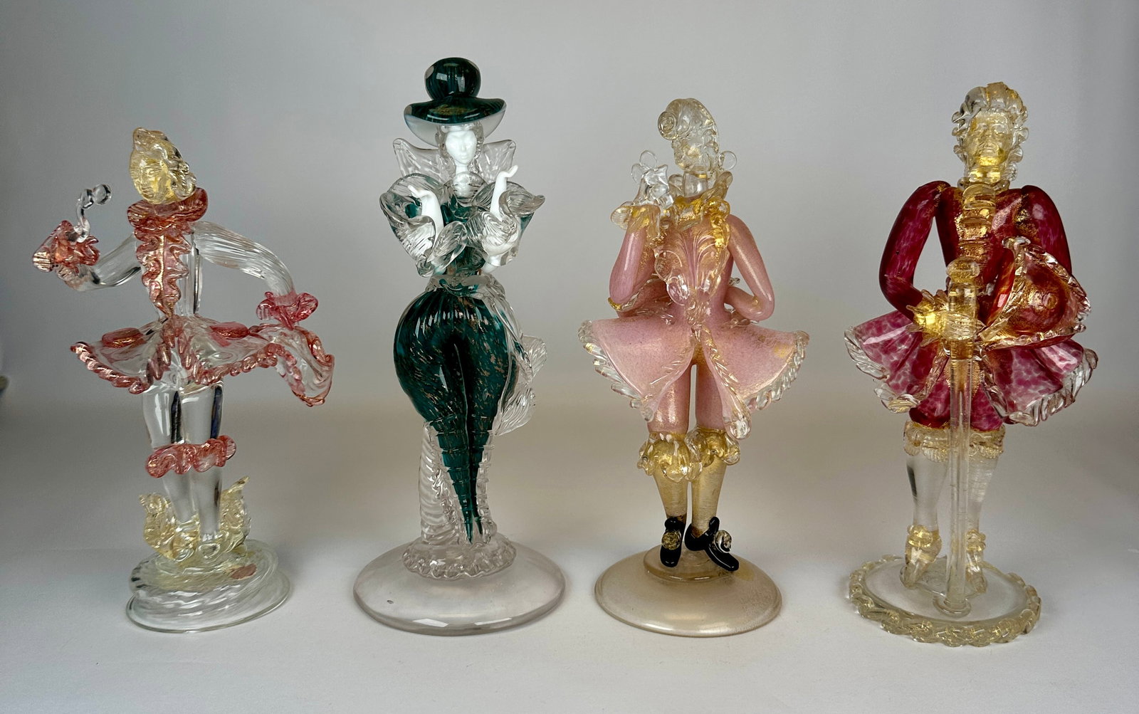 GOLDONIANI MURANO ART GLASS FIGURES: MULTI-COLORED WITH AVENTURINE ACCENTS. 12"H. REQUIRES THIRD PARTY SHIPPING.