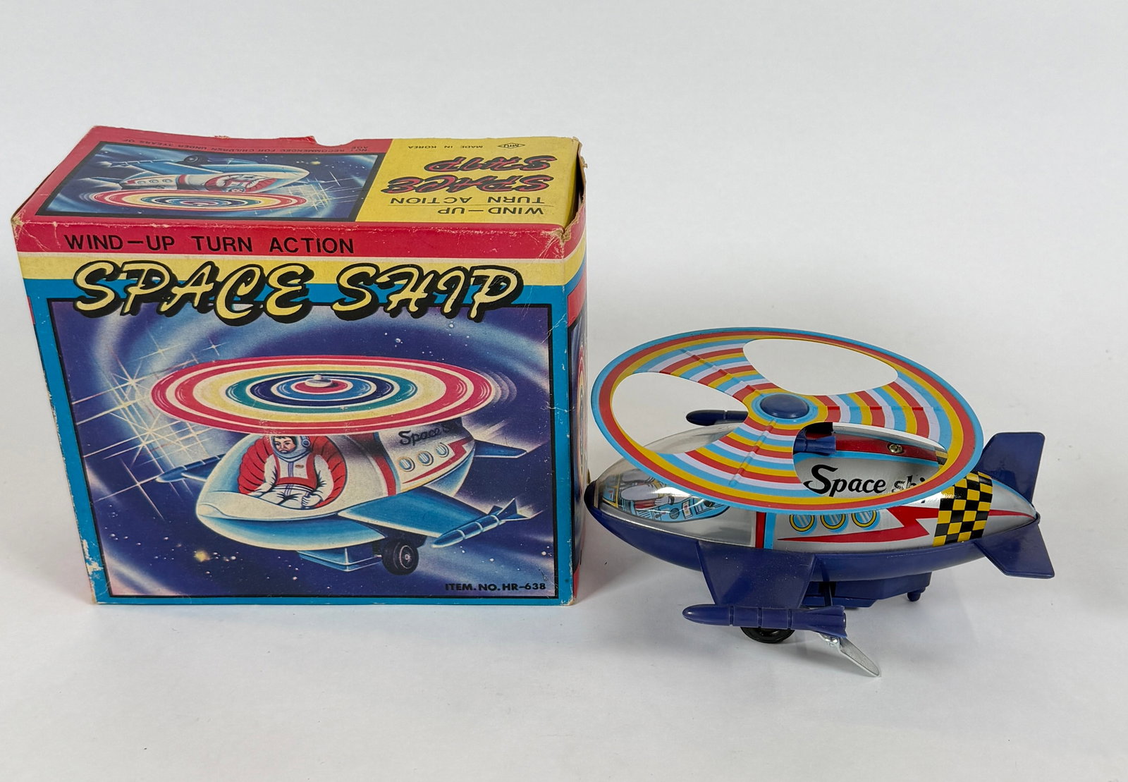 WIND-UP TOY SPACESHIP: WIND-UP TURN ACTION, KOREA. ORIGINAL BOX. 7"L