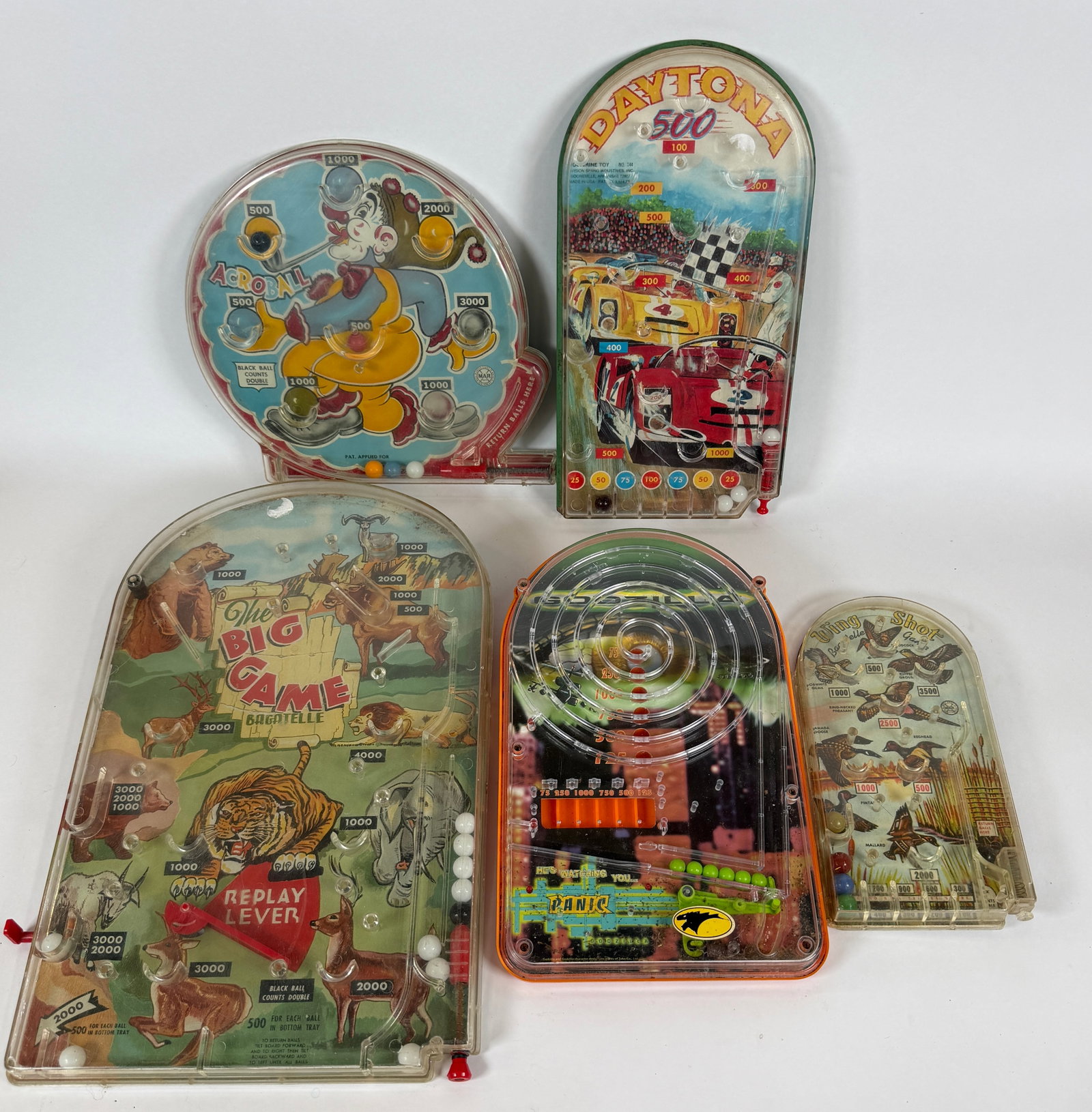 VINTAGE PINBALL TABLE TOP GAMES: WING SHOT, ACROBALL, GODZILLA, DAYTONA 500, THE BIG GAME. LARGEST IS 10"X16"