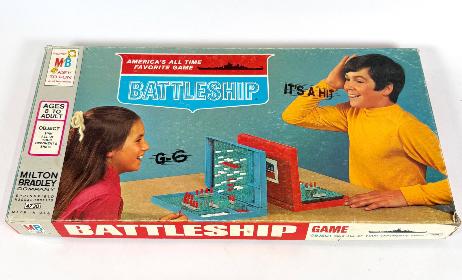 VINTAGE MILTON BRADLEY BATTLESHIP GAME: ORIGINAL BOX WITH LIGHT WEAR. CARTON IS 10"X19"X2".