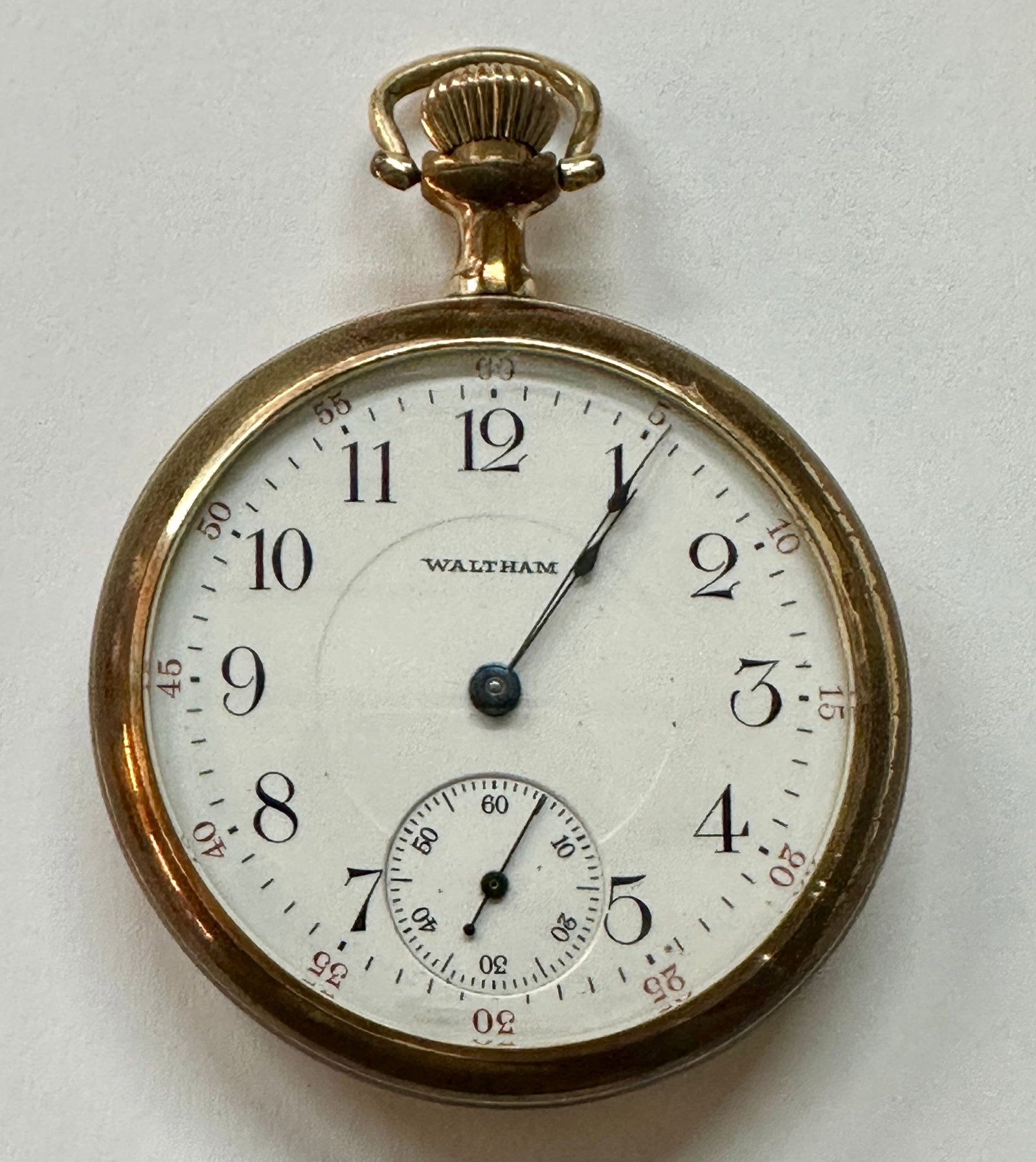 WALTHAM MODEL 1908 ANTIQUE POCKETWATCH: 1910 WALTHAM MODEL 1908, SIZE 16, 17 JEWEL. #18067402. OPEN FACE, GOLD FILLED, NUMBERED DIAL, PENDANT. RUNNING.