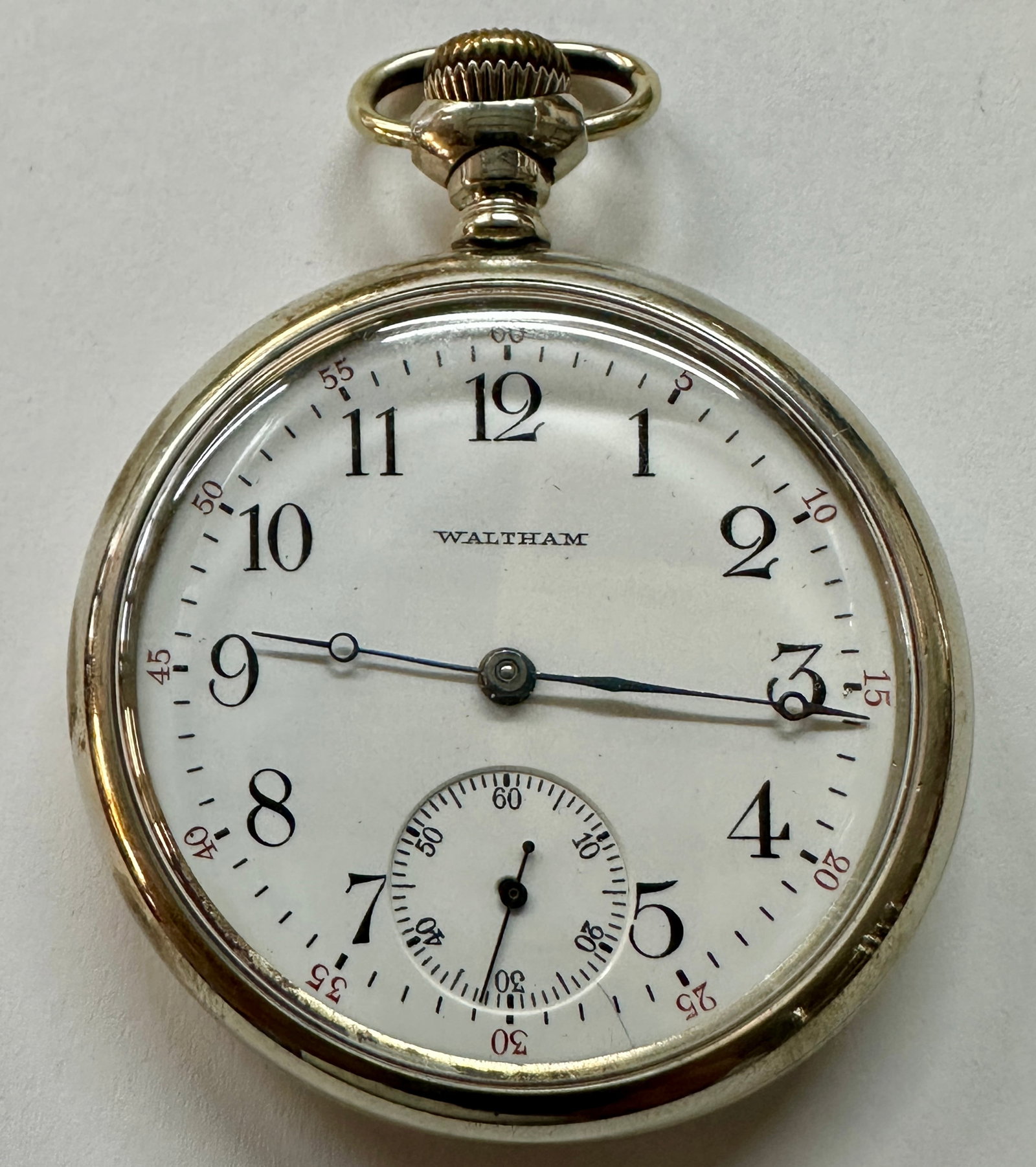 WALTHAM MODEL 1899 ANTIQUE POTCKETWATCH: 1906 WALTHAM MODEL 1899, SIZE 16, 7 JEWEL, DAM. #14337397. OPEN FACE, SILVEROID CASE, NUMBERED DIAL, PENDANT TYPE. RUNNING. SECOND HAND FROZEN.