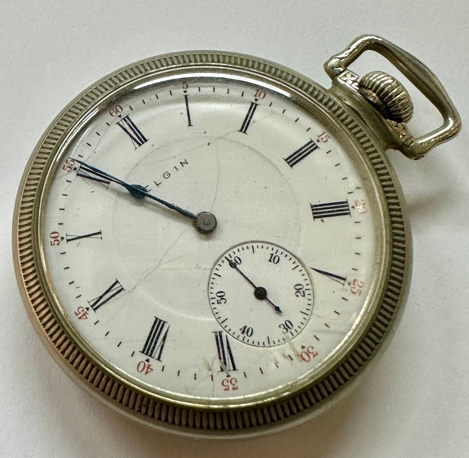 ELGIN MODEL 13 ANTIQUE POCKETWATCH: 1908 ELGIN MODEL 13, SIZE 16, 15 JEWEL, DAM. #15312765. HUNTER, NICKEL, ROMAN NUMERAL DIAL, PENDANT TYPE. RUNNING.