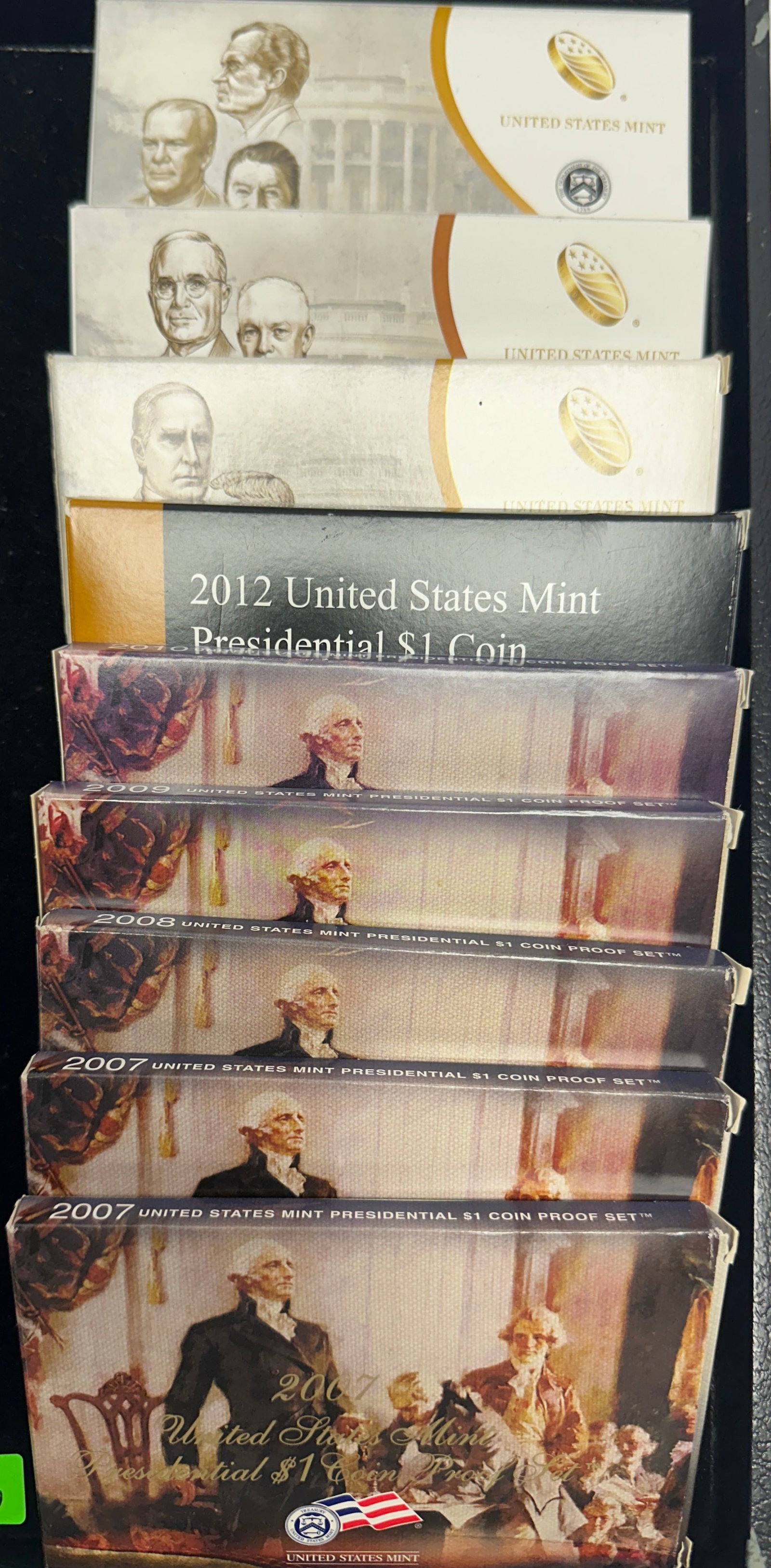 U.S. MINT PRESIDENTIAL DOLLAR PROOF COIN COLLECTION: 2007 (5), 2012, 2013, 2015, 2016. OGP