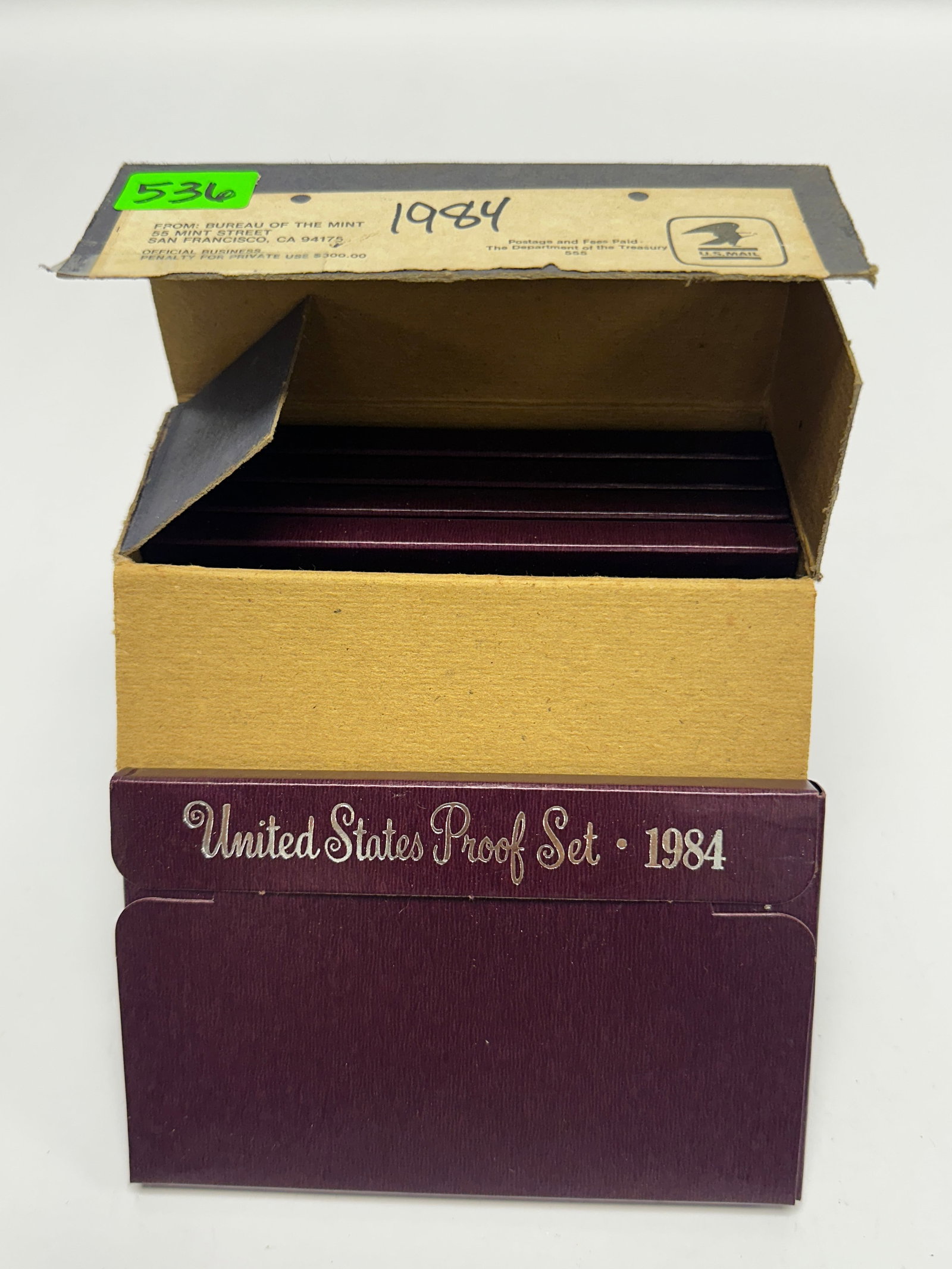 1984 U.S. PROOF COIN SETS: LOT OF 5, OGP PLUS ORIGINAL OUTER CARTON.