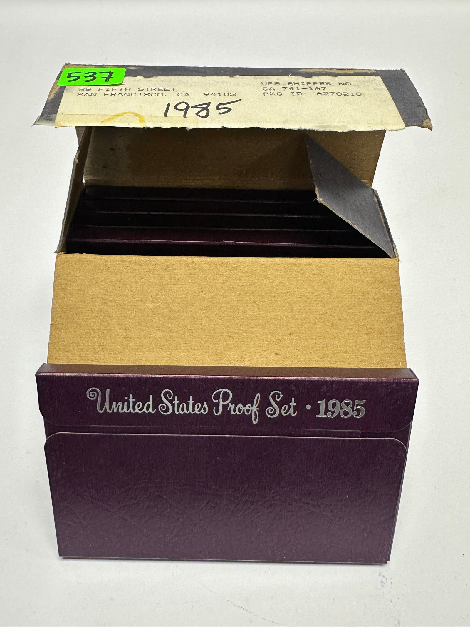1985 U.S. PROOF COIN SETS: LOT OF 5, OGP PLUS ORIGINAL OUTER CARTON.