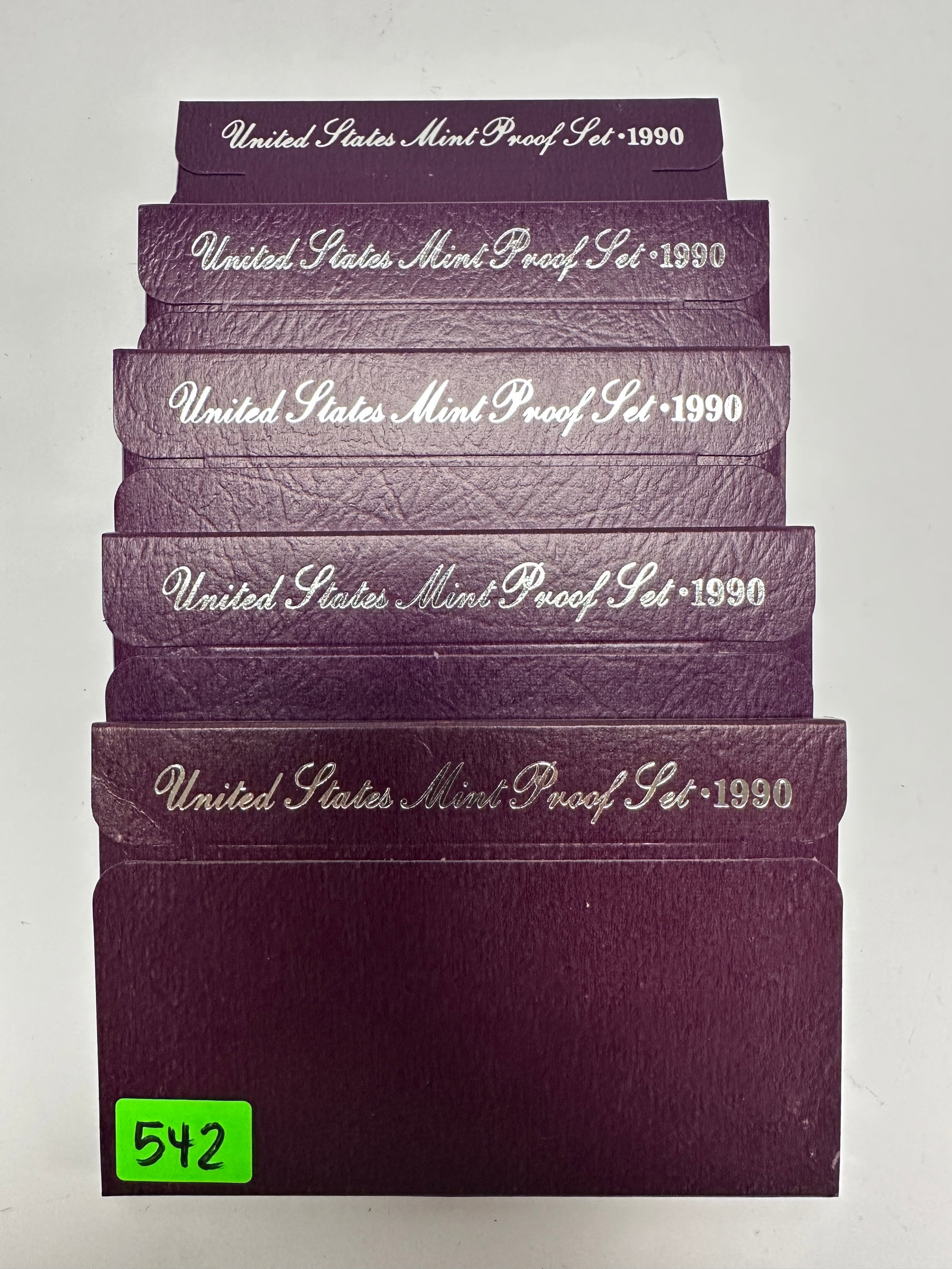 1990 U.S. PROOF COIN SETS: LOT OF 5, OGP