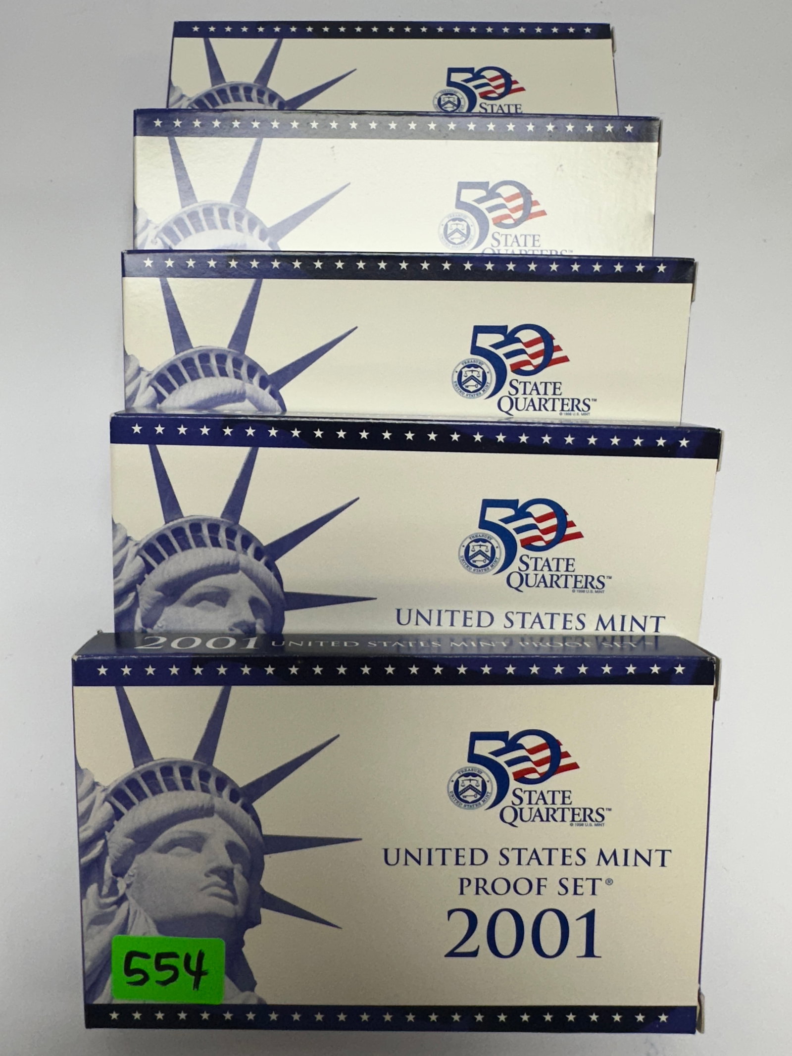 2001 U.S. PROOF COIN SETS: LOT OF 5, OGP PLUS ORIGINAL OUTER CARTON.