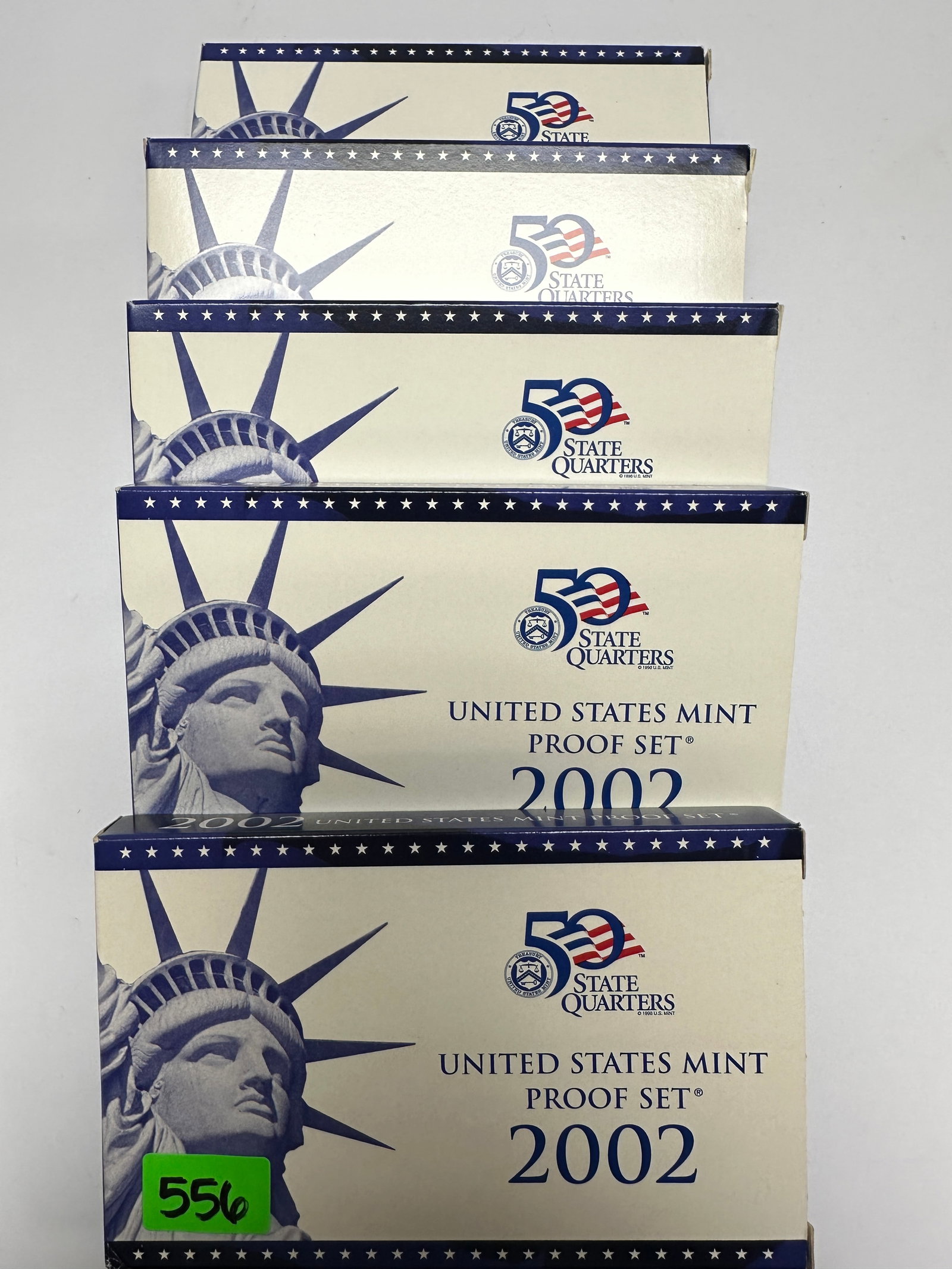 2002 U.S. PROOF COIN SETS: LOT OF 5, OGP PLUS ORIGINAL OUTER CARTON.