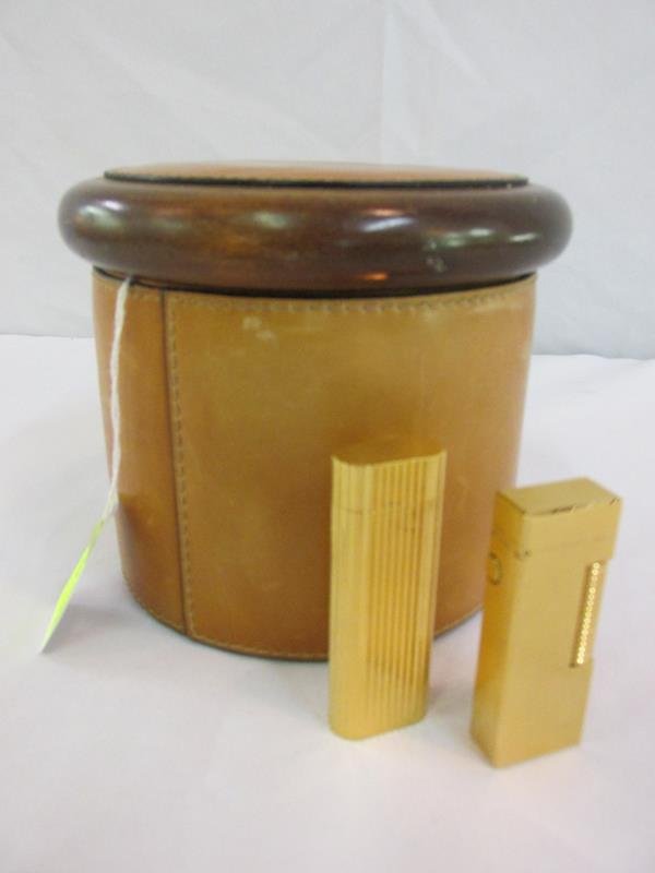 CARTIER AND DUNHILL ROLLAGAS LIGHTER: WITH DUNHILL LEATHER OVER WALNUT HUMIDOR