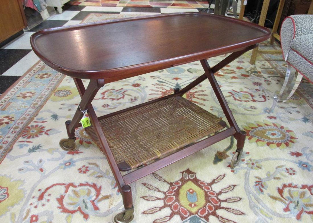 TEAK & CANE BAR CART, ATTR. SELIG: SEE TITLE