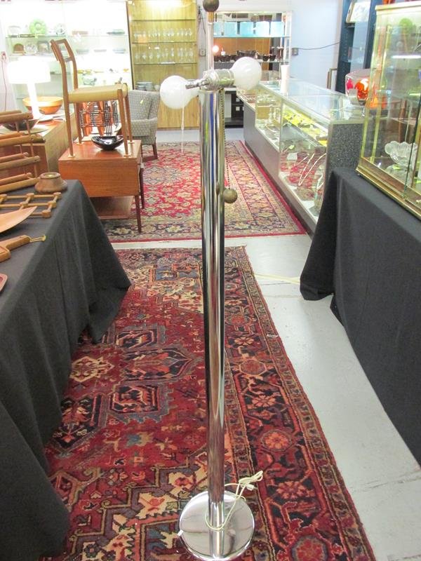 KOVACS CHROME FLOOR LAMP, LABEL: ORIGINAL SOLID BRASS FINIAL AND PULLS