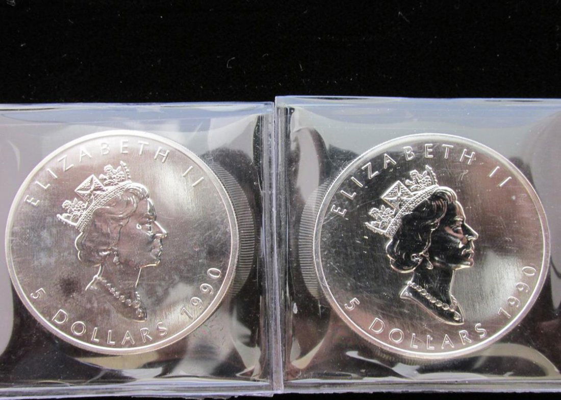 PAIR OF 1990 CANADIAN MAPLE LEAF ONE OUNCE SILVER COINS (1 of 1)