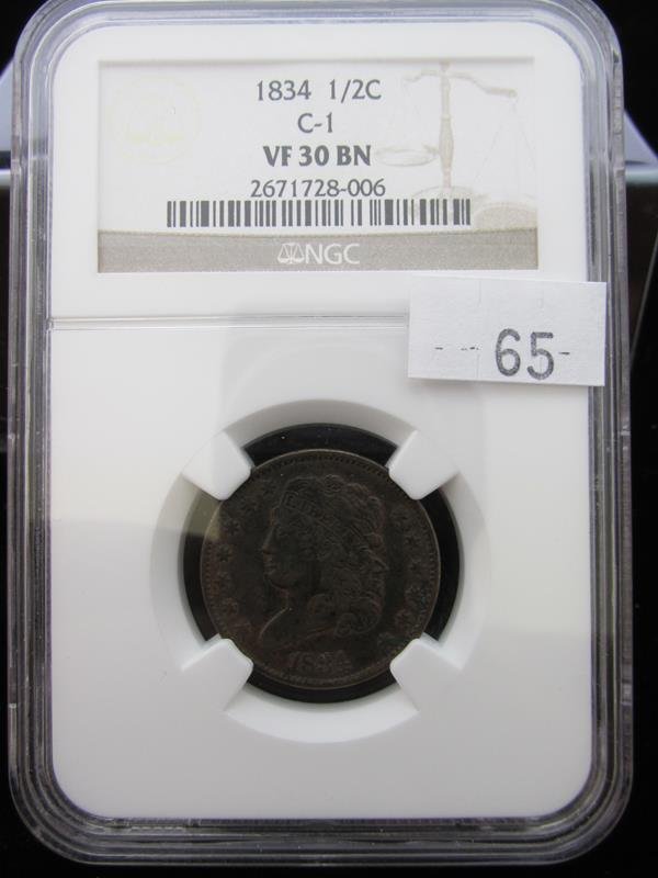 1834 HALF-CENT, C-1 VARIETY, VF30, BN, NGC (1 of 3)