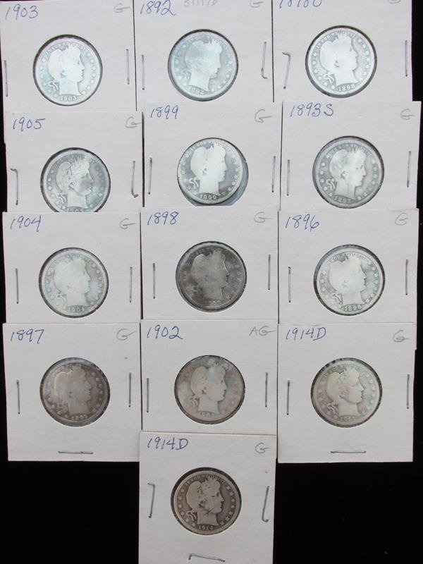 LOT OF 13 BARBER QUARTERS, ASSORTED DATES (1 of 1)