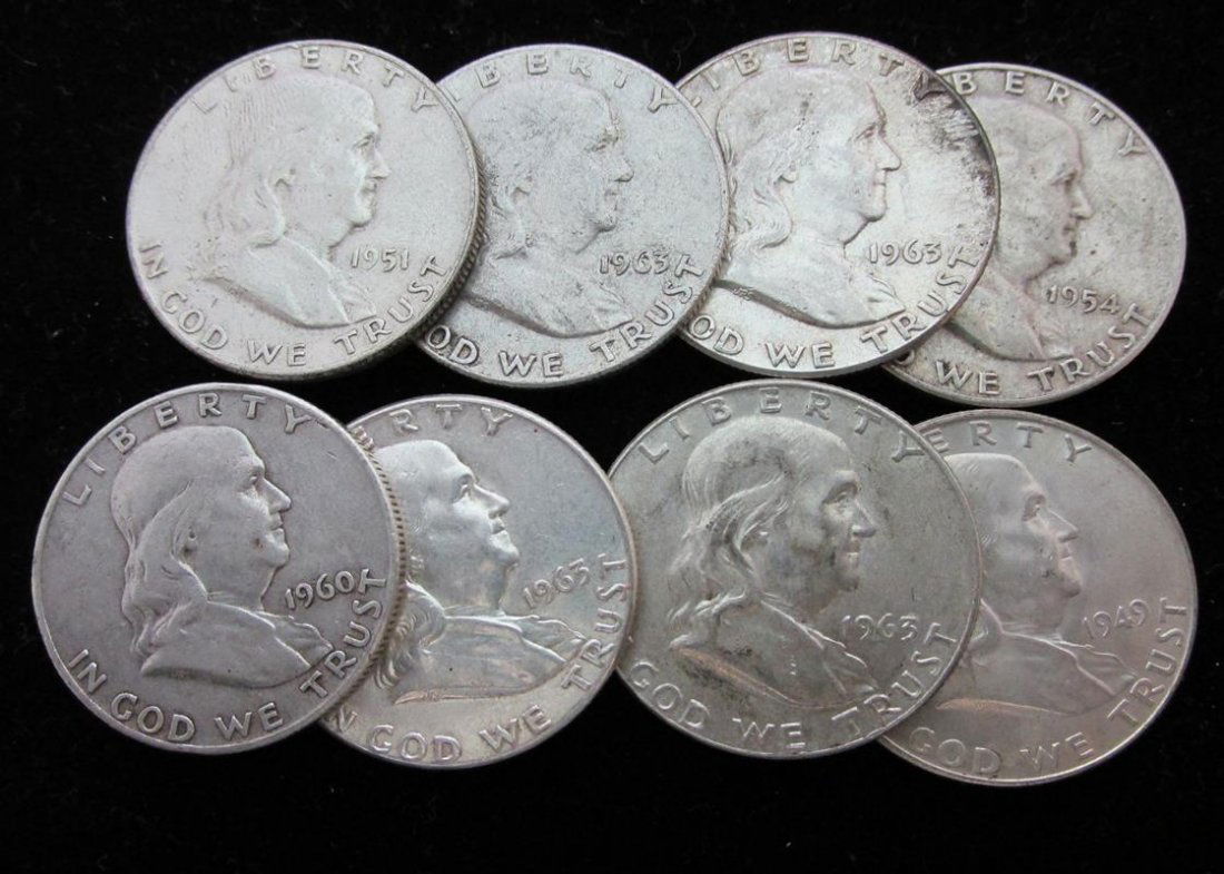 LOT OF 8 FRANKLIN HALF DOLLARS, ASSORTED DATES (1 of 1)