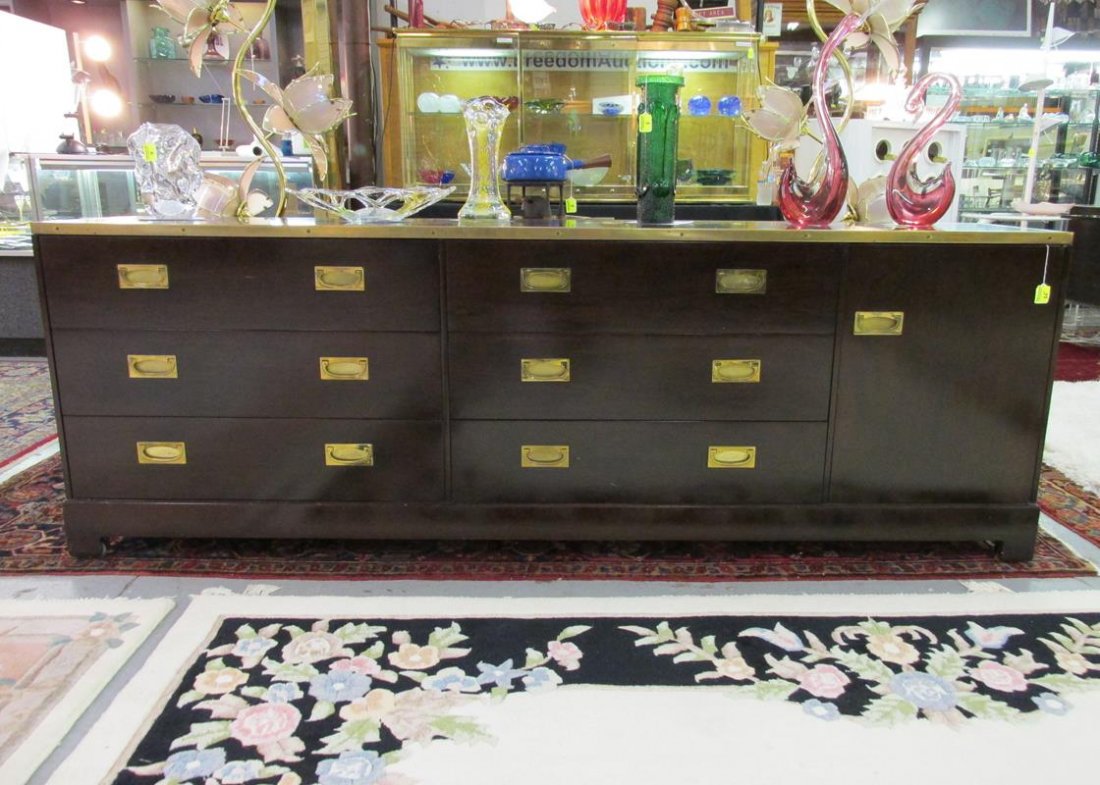 BRASS TRIMMED BAKER-STYLE LONG CREDENZA: SEE TITLE