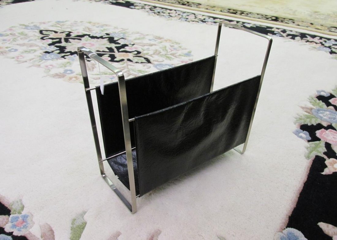 LEATHER AND CHROME FRAMED MAGAZINE RACK: SEE TITLE