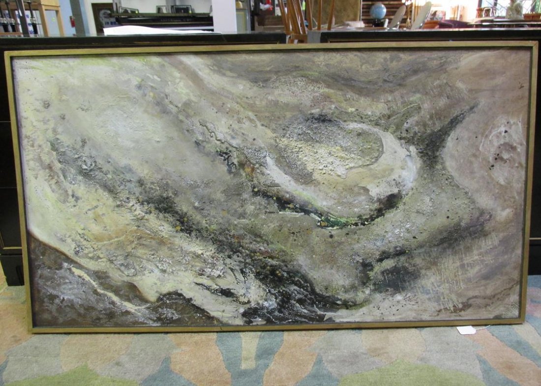 CLARA ROELLIG "BACKWATER SEDIMENT" ABSTRACT ART ON: 27"X48", MIXED MEDIA, POLYMER PEBBLES & SAND