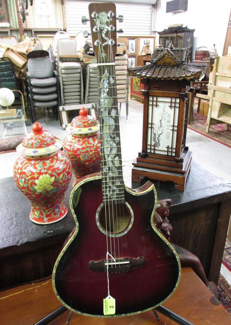 SMALL VIETNAMESE DRAGON MOTIF GUITAR, MOP: SEE TITLE
