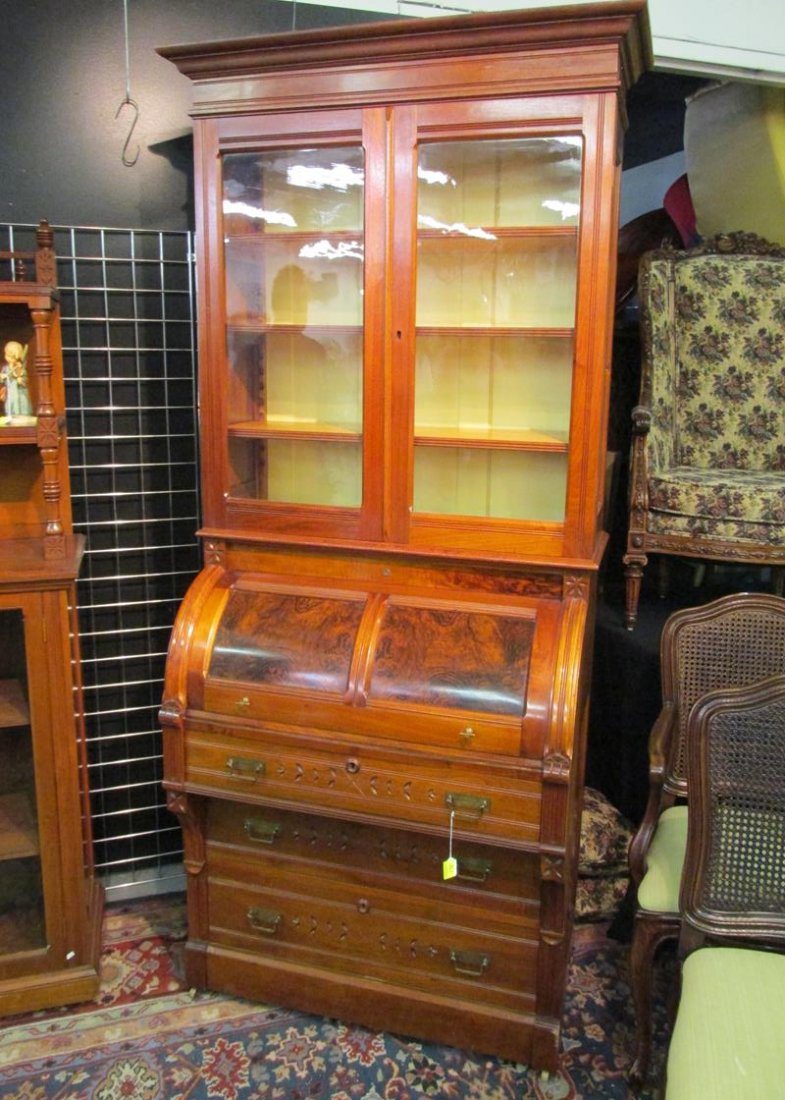 VICTORIAN ROLL TOP DESK WITH GLASS FRONT BOOKCASE: BURLED WOOD CYLINDER, STUNNING!