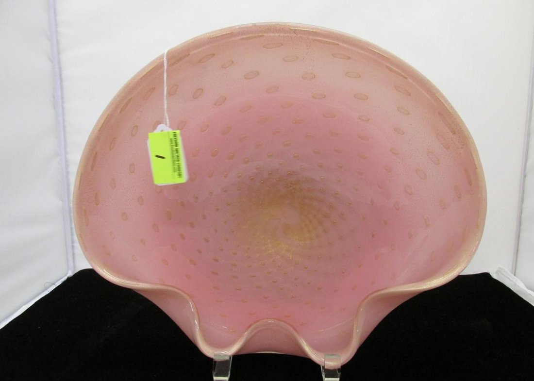 ALFREDO BARBINI (ATTR.) MURANO ART GLASS DISH: GOLD AVENTURINE, 12"