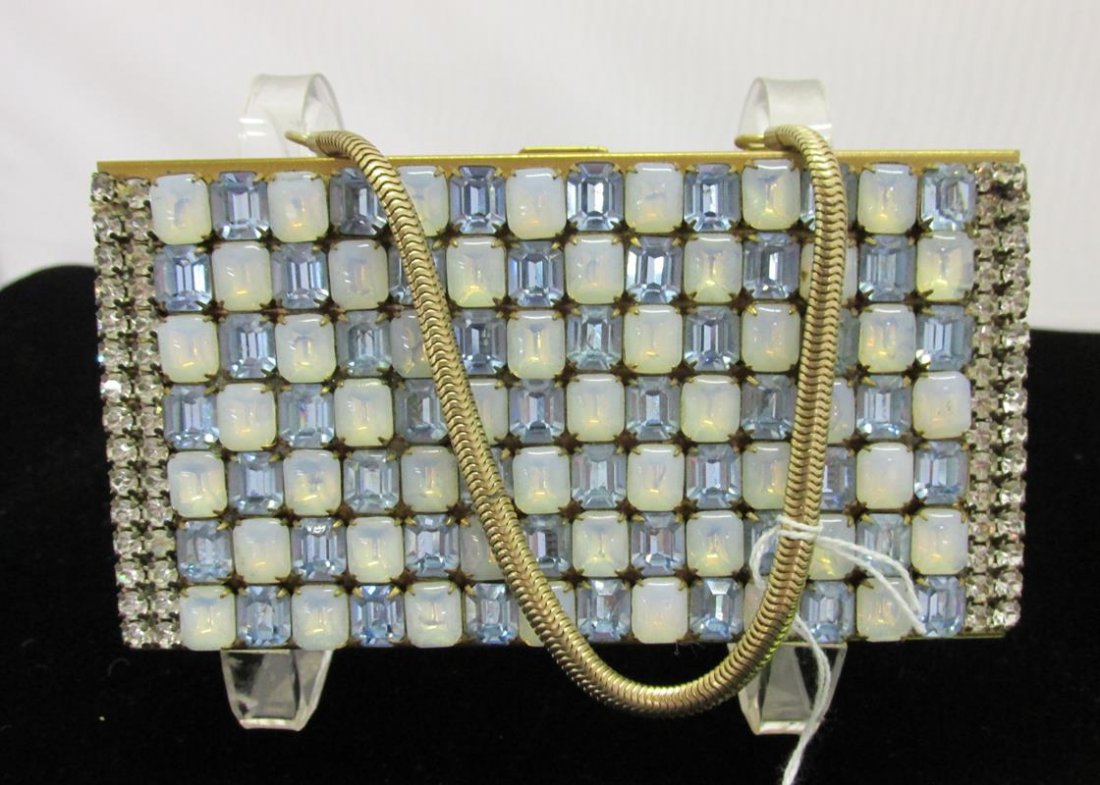 VINTAGE RHINESTONE & BEJEWELED LADIES COMPACT PURSE: INTERIOR INCLUDES SECRET COMPARTMENT, LIPSTICK, COMB, POWDER, CIGARETTE CASE