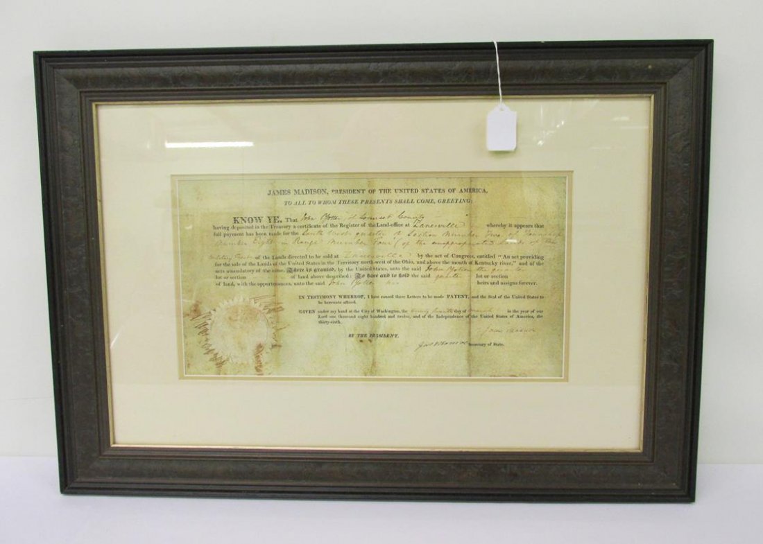 REPRODUCTION LAND GRANT, JAMES MADISON, 1812 (1 of 3)