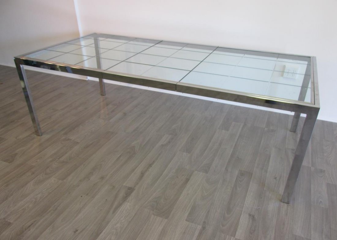 MILO BAUGHMAN STYLE DINING TABLE: HEAVY FLAT BAR CHOME, SQUARE PATTERN GLASS, WEAR CONSISTENT WITH AGE, EXTENDS FROM 59" TO 115", 38"W, 28"H